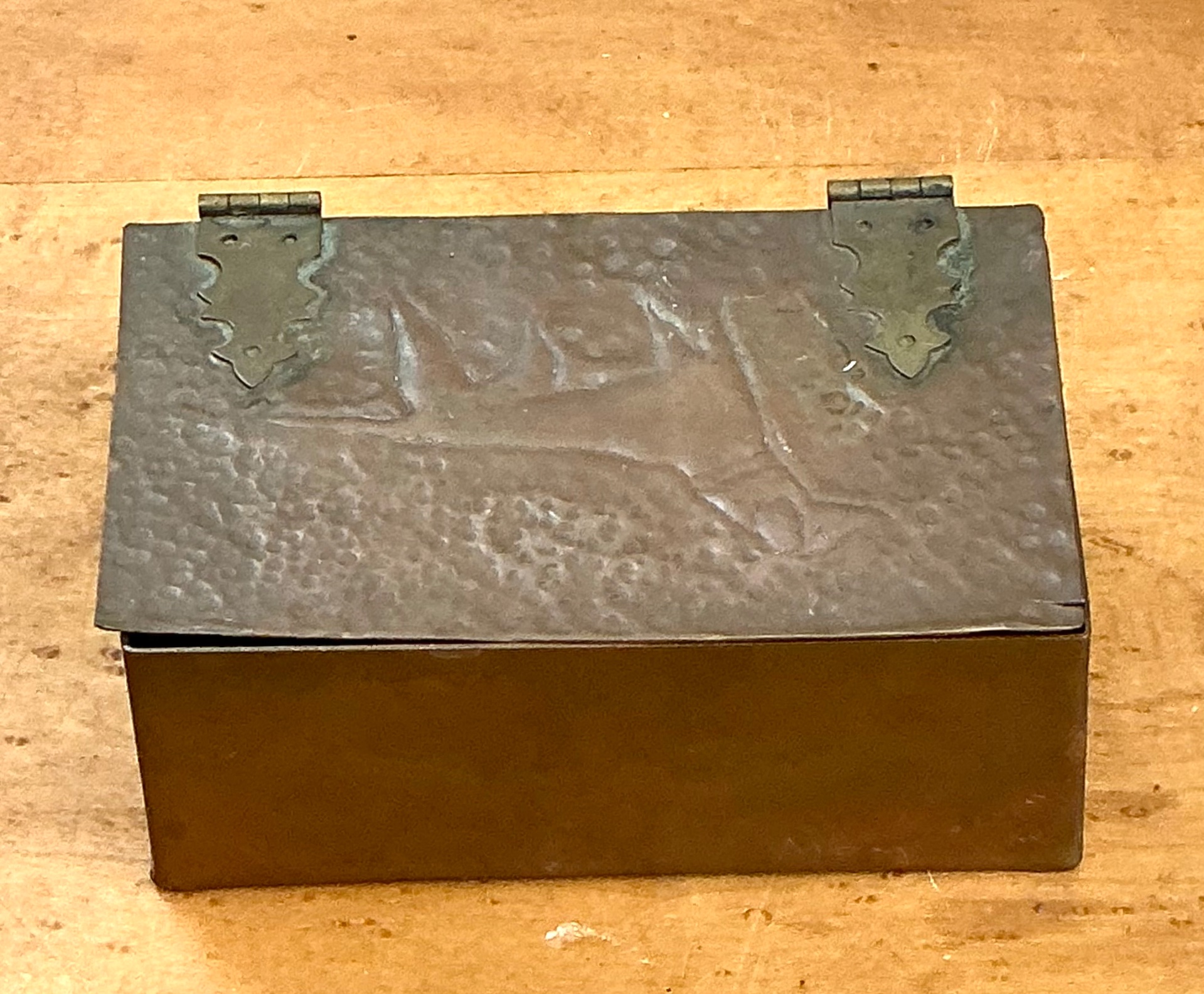 Vintage Handmade Hammered Metal and Wood Box - Back view