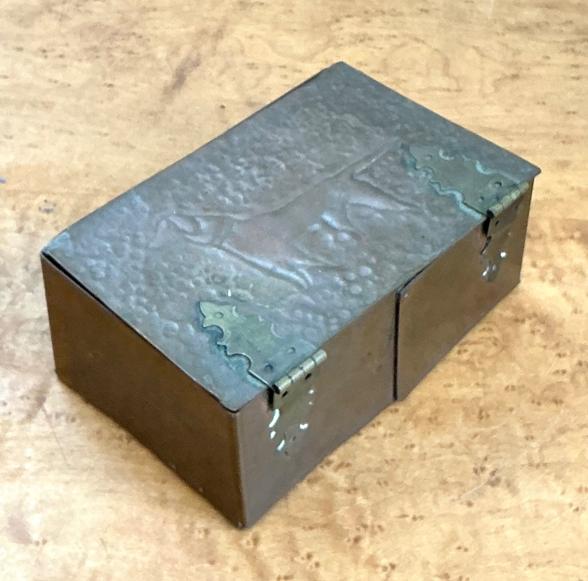 Vintage Handmade Hammered Metal and Wood Box - Side view