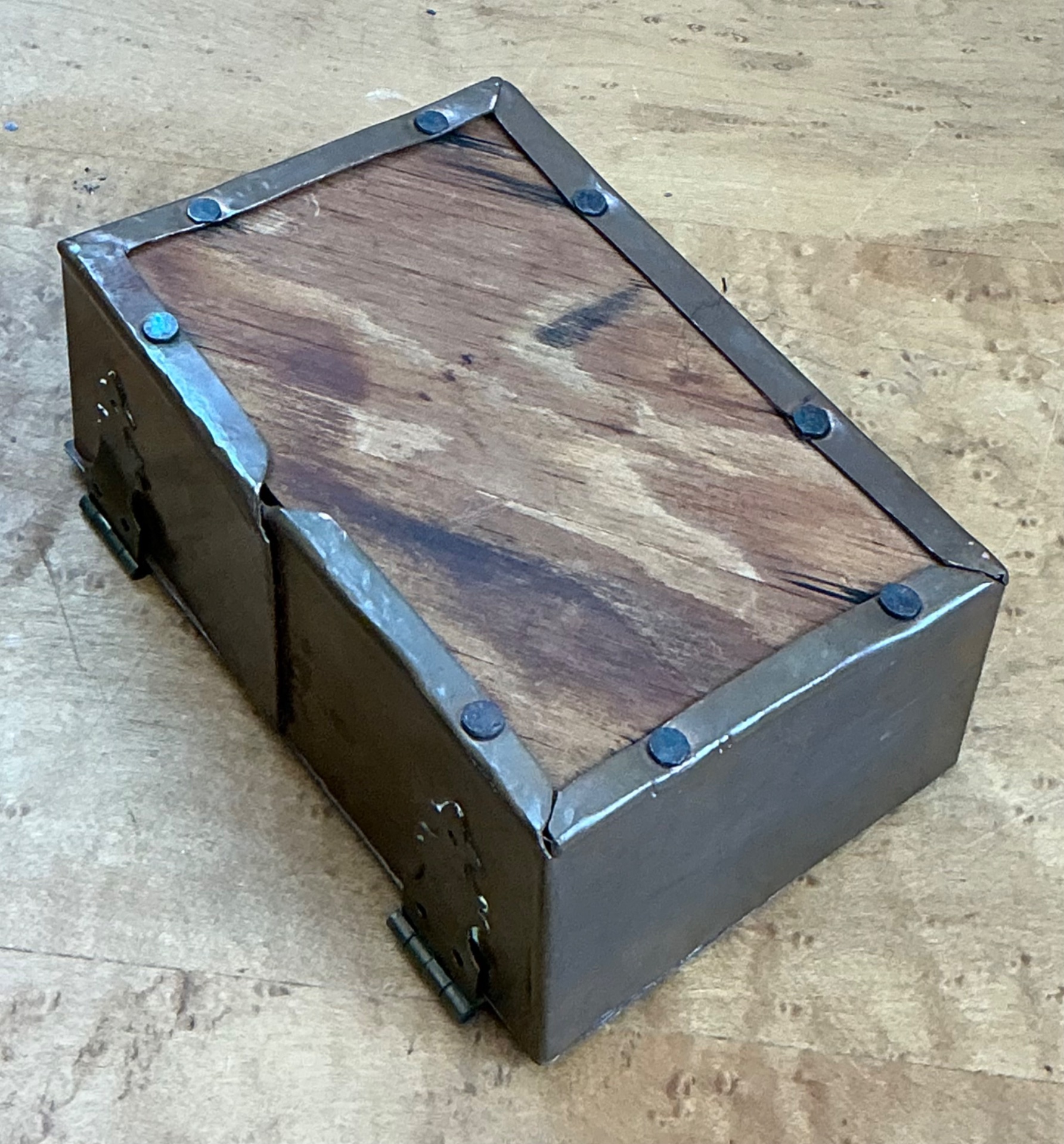 Vintage Handmade Hammered Metal and Wood Box - Detail view