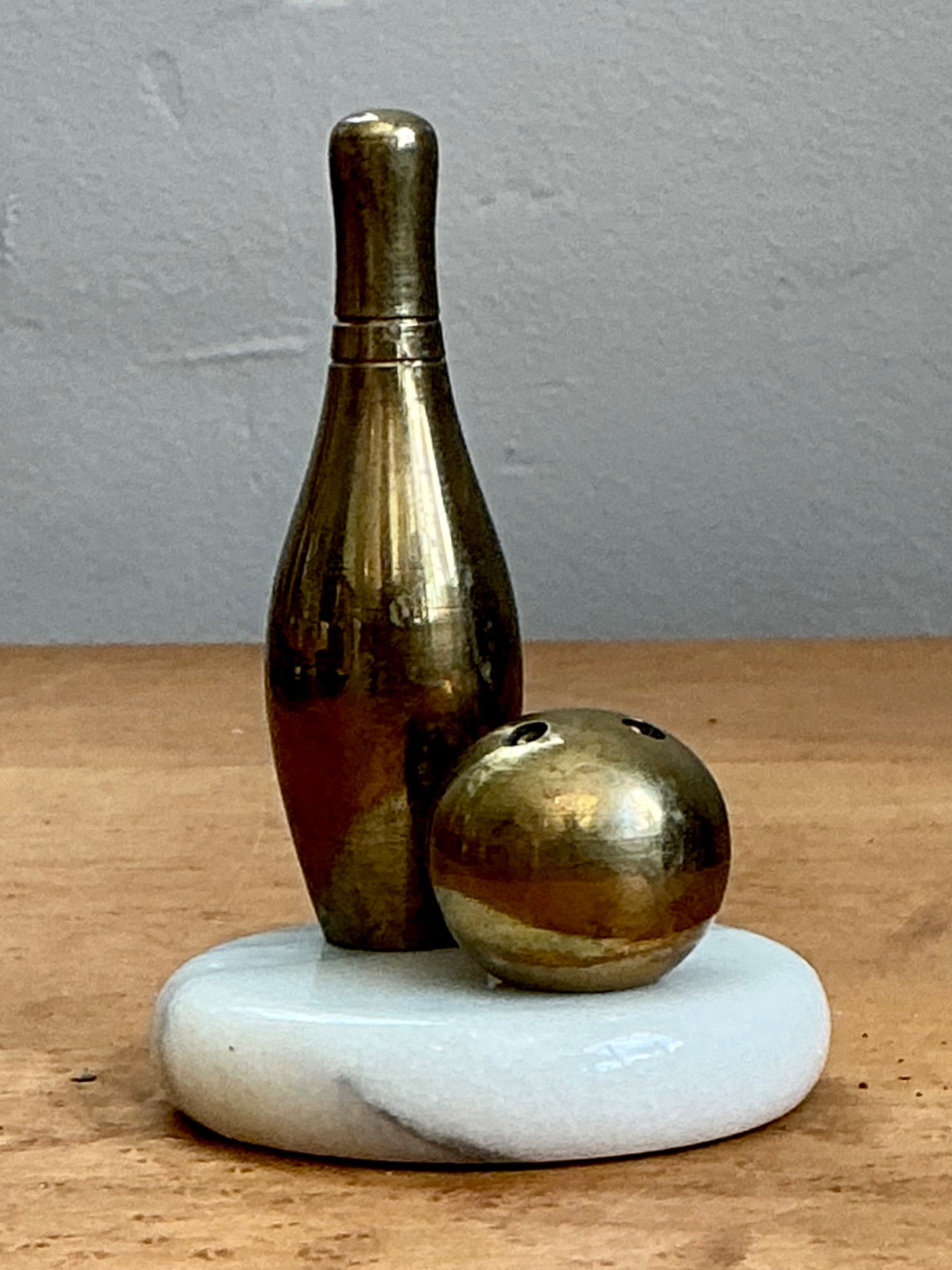 Vintage Brass Bowling Pin and Ball Sculpture - Back view
