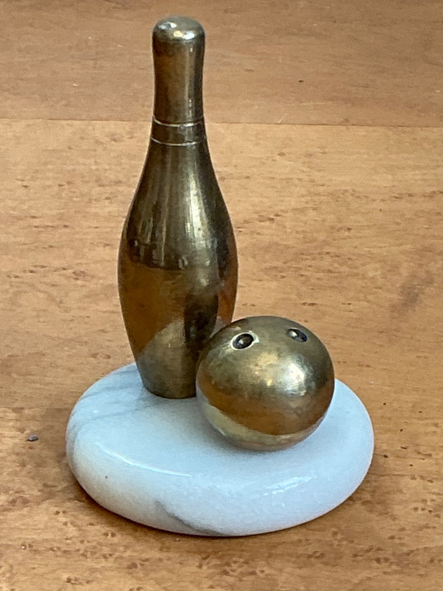 Vintage Brass Bowling Pin and Ball Sculpture - Side view