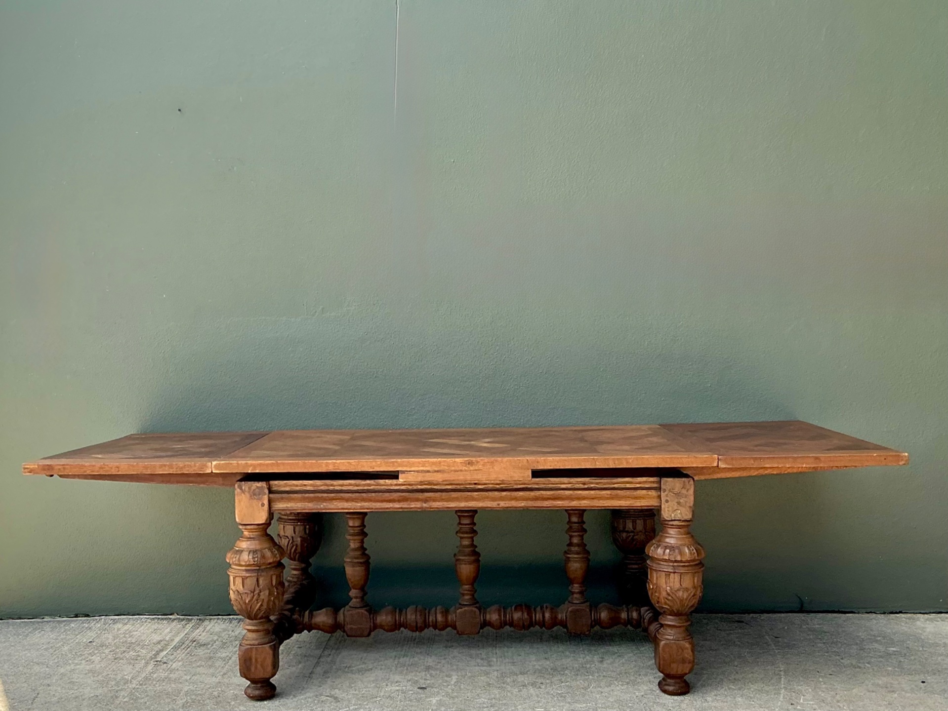 Vintage Spanish Carved Wood Parquet Extendable Dining Table - Detail view