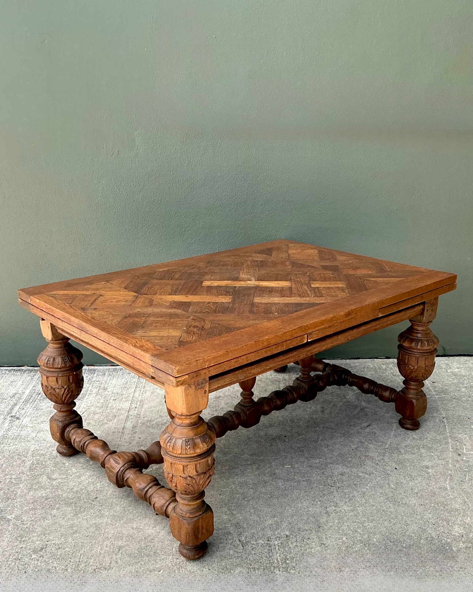 Vintage Spanish Carved Wood Parquet Extendable Dining Table - Back view