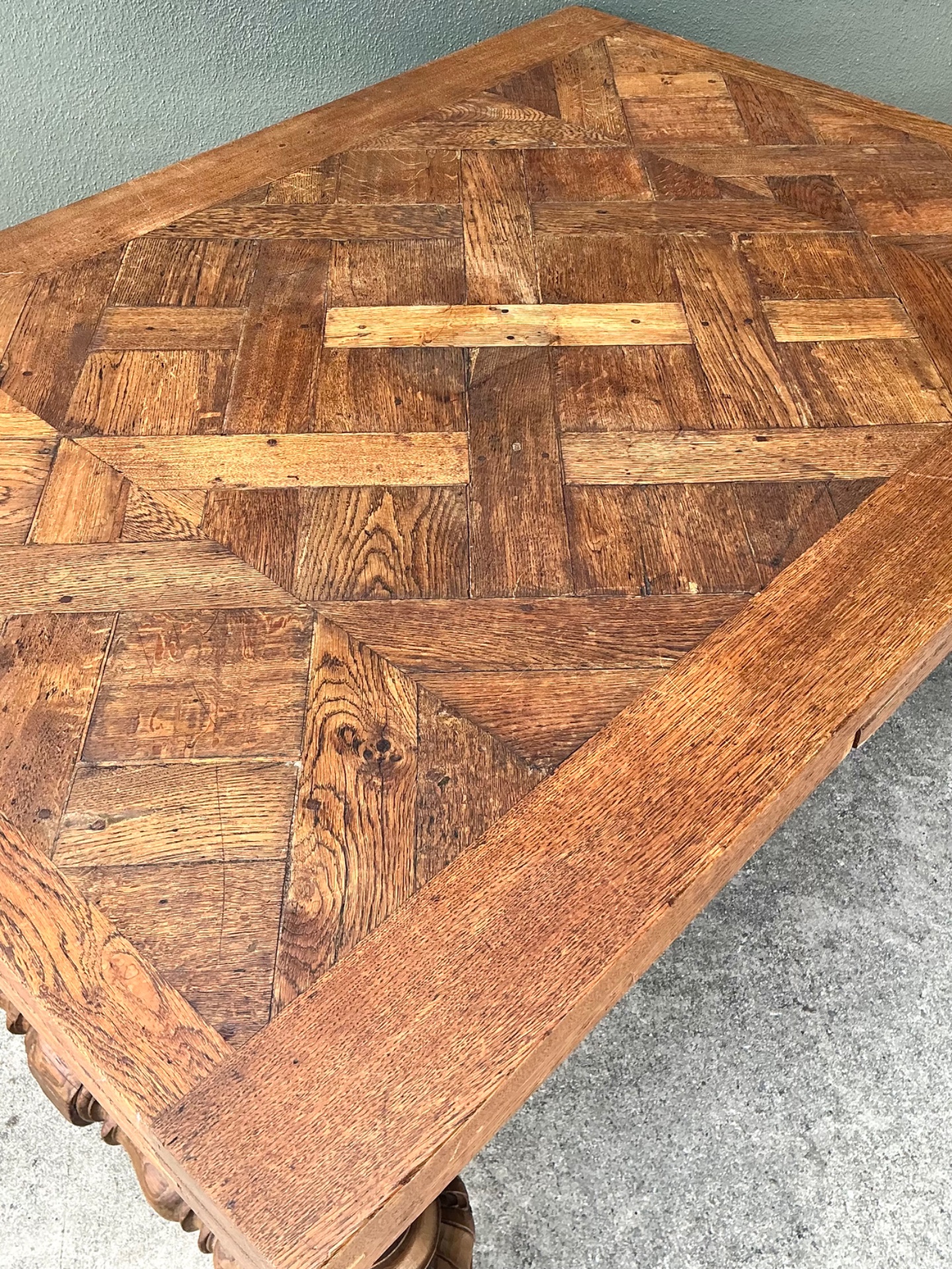 Vintage Spanish Carved Wood Parquet Extendable Dining Table - Top view