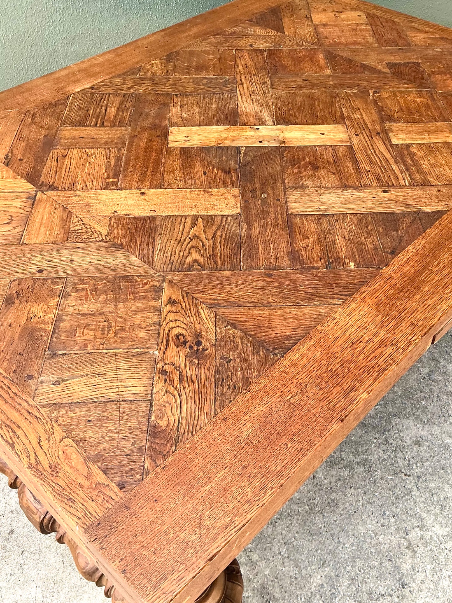 Vintage Spanish Carved Wood Parquet Extendable Dining Table - Side view