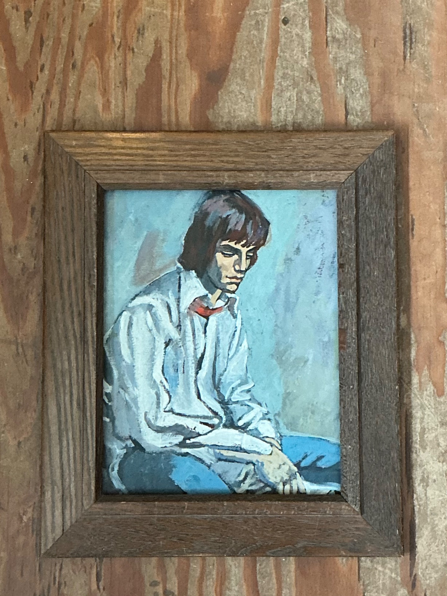 Vintage 1970s Oil Painting of Seated Man - Top view