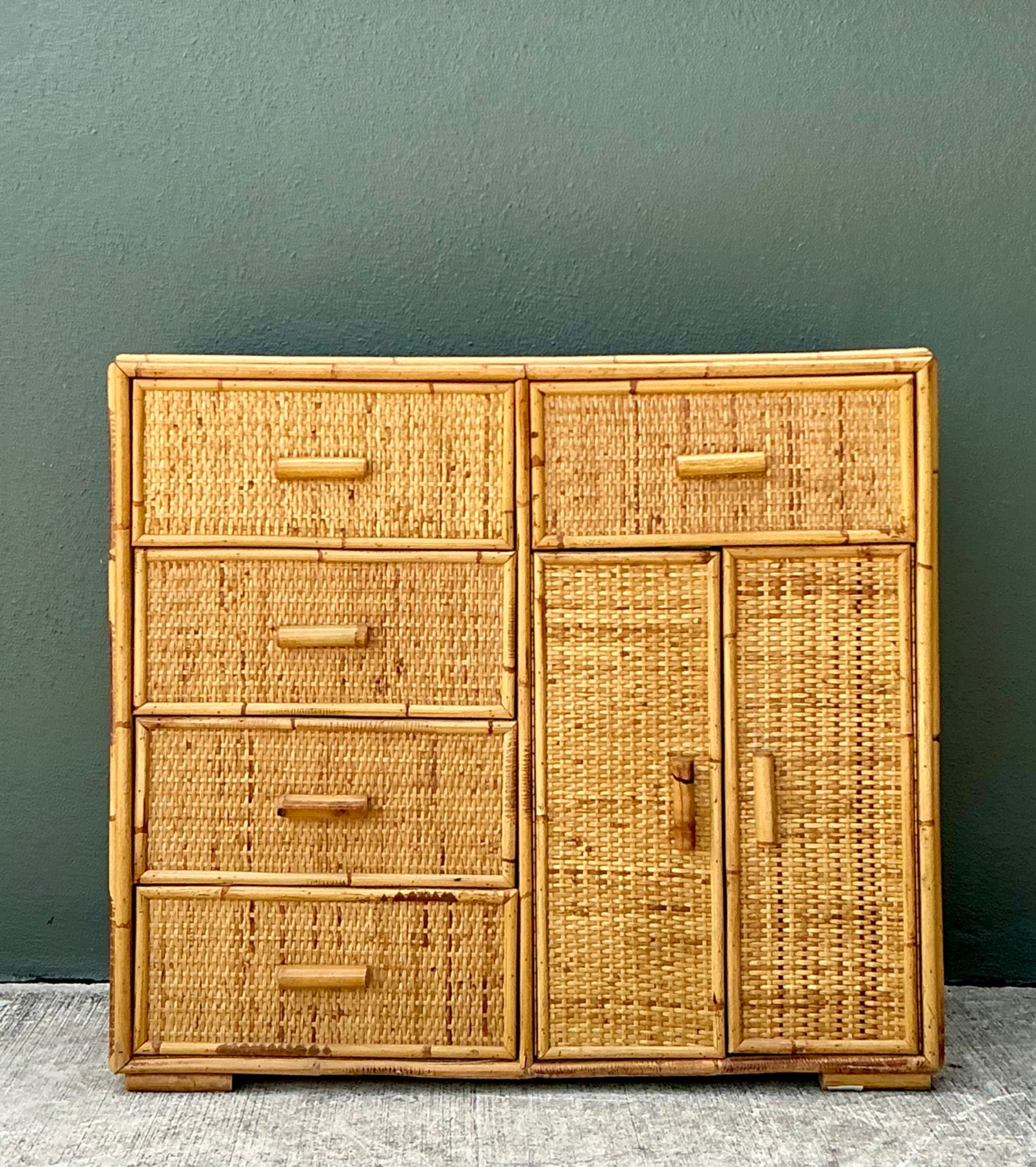 Vintage Woven Rattan and Wood Sideboard - Back view