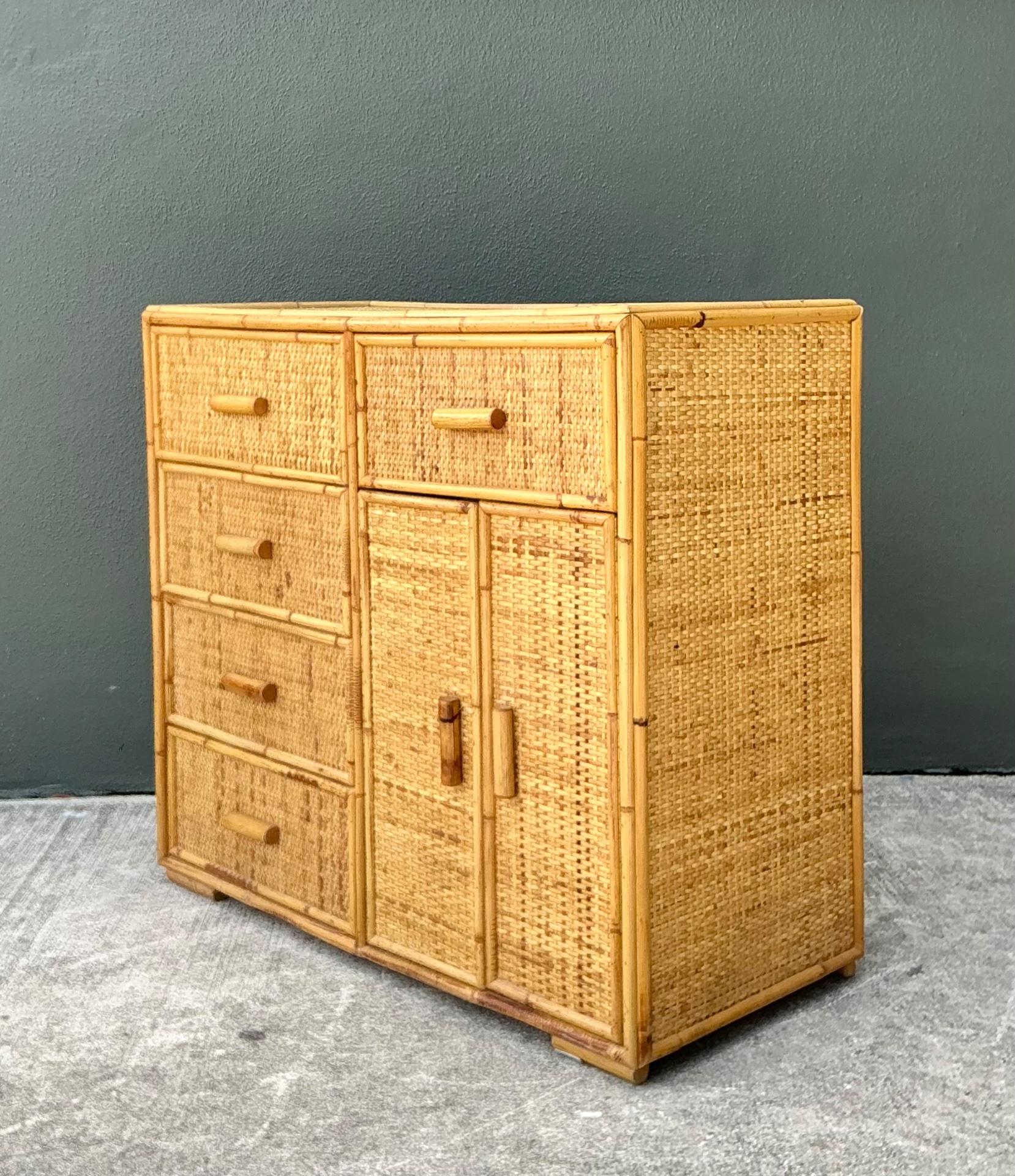 Vintage Woven Rattan and Wood Sideboard - Side view