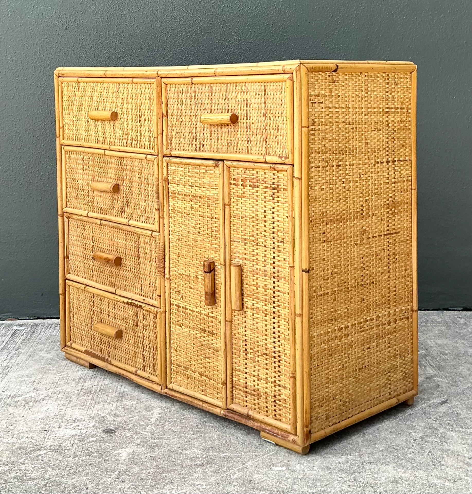 Vintage Woven Rattan and Wood Sideboard - Back view