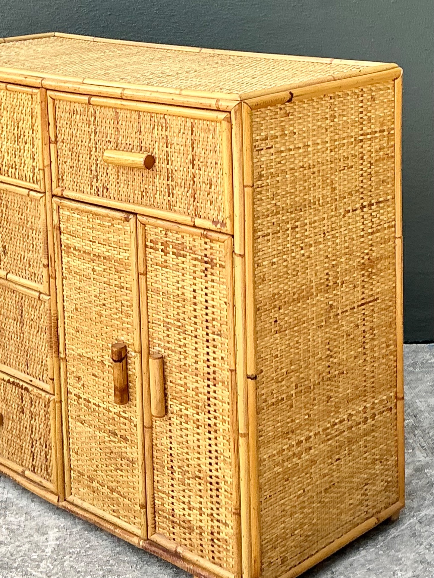 Vintage Woven Rattan and Wood Sideboard - Top view