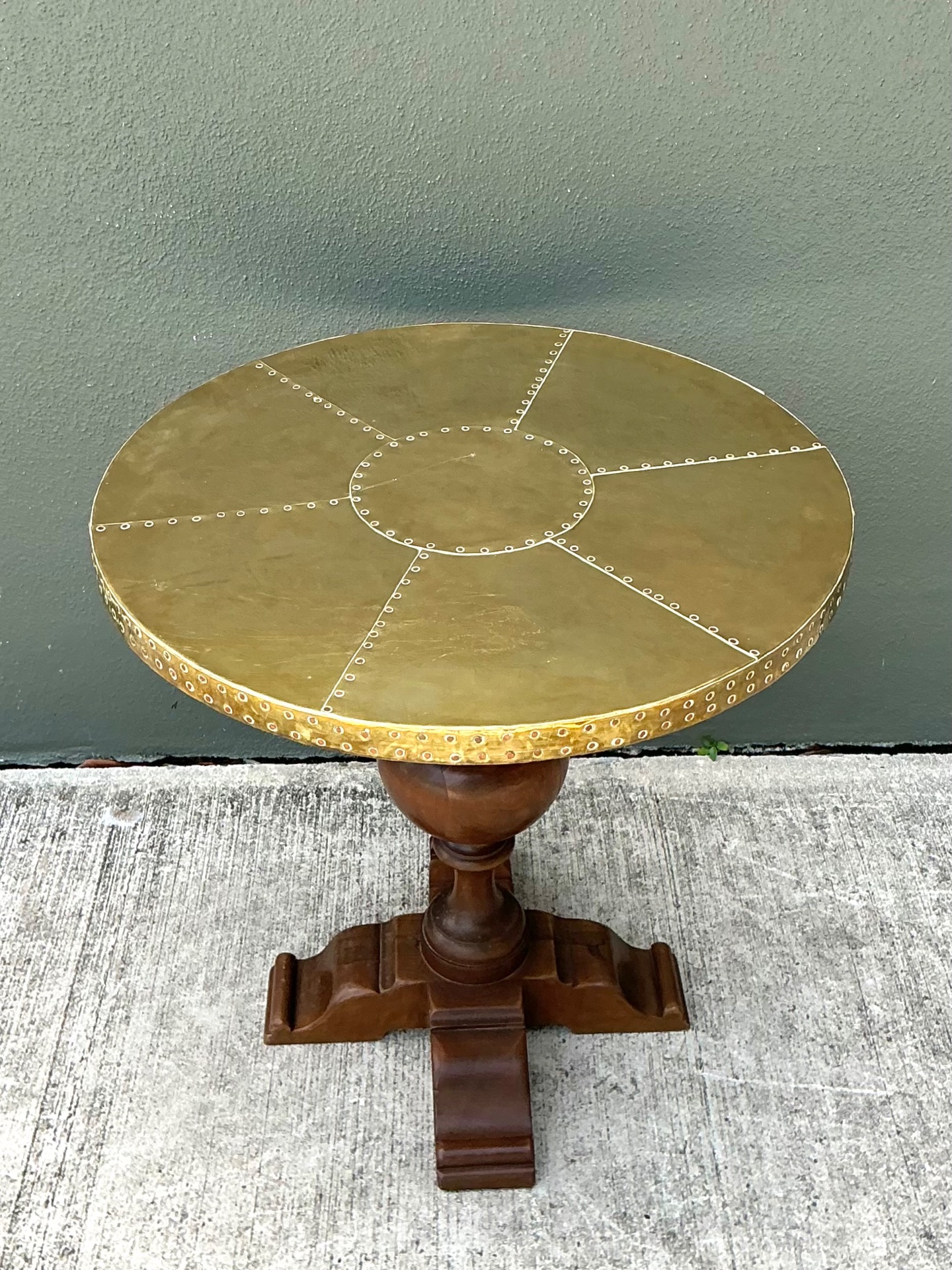 Vintage Brass and Wood Pedestal Table - Side view