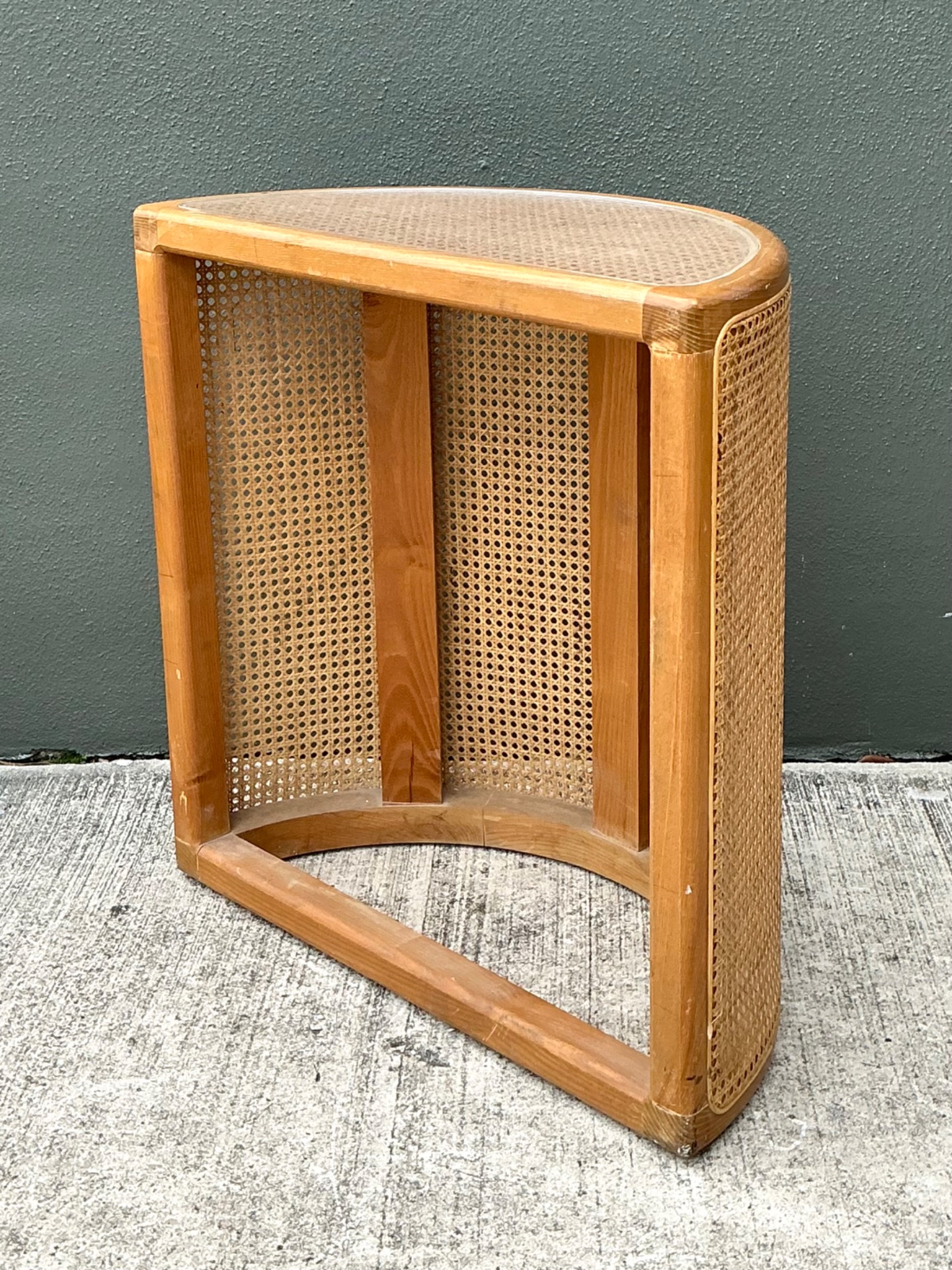 Vintage Wood and Cane Demilune Console Table - Side view