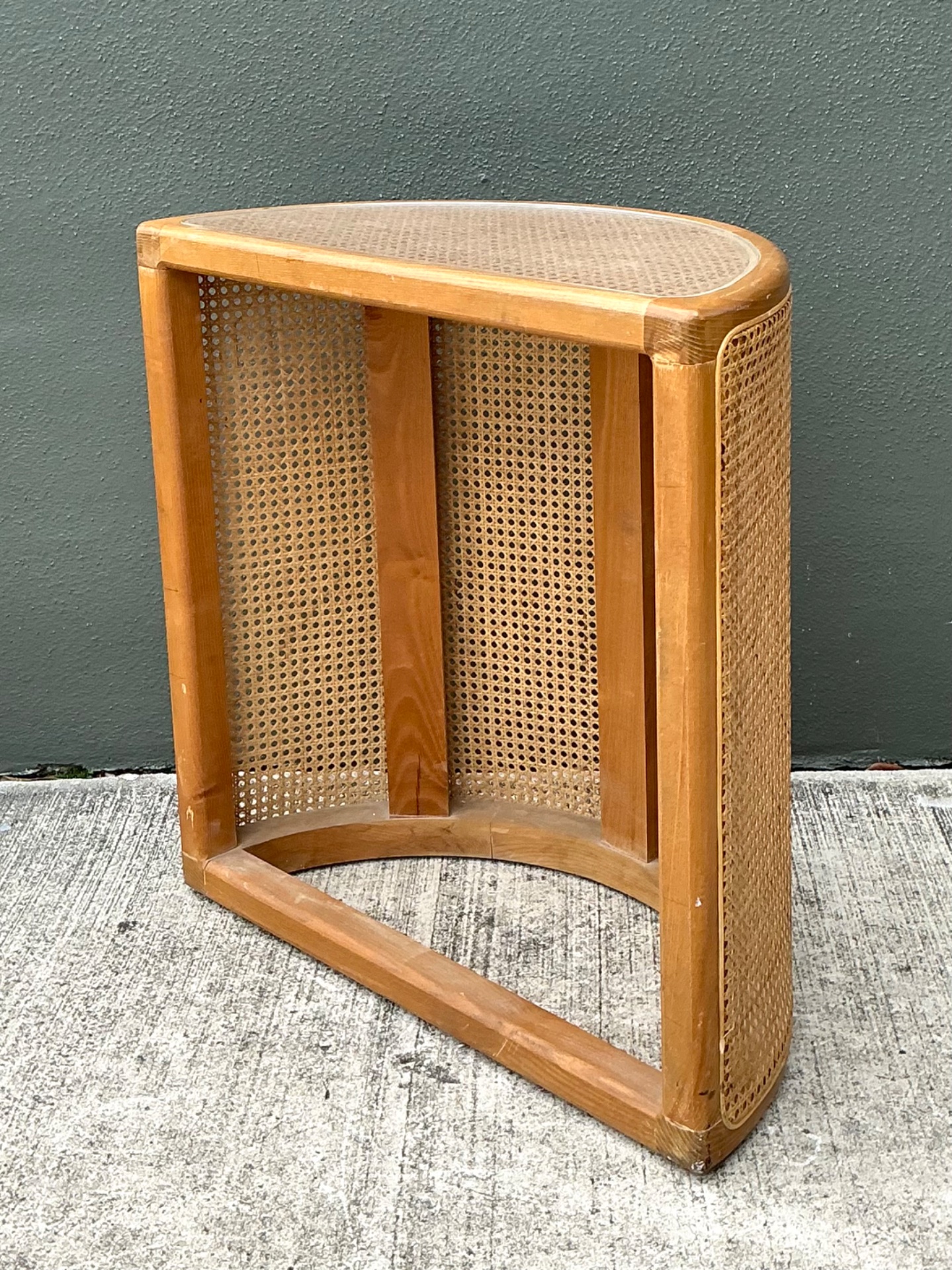 Vintage Wood and Cane Demilune Console Table - Top view