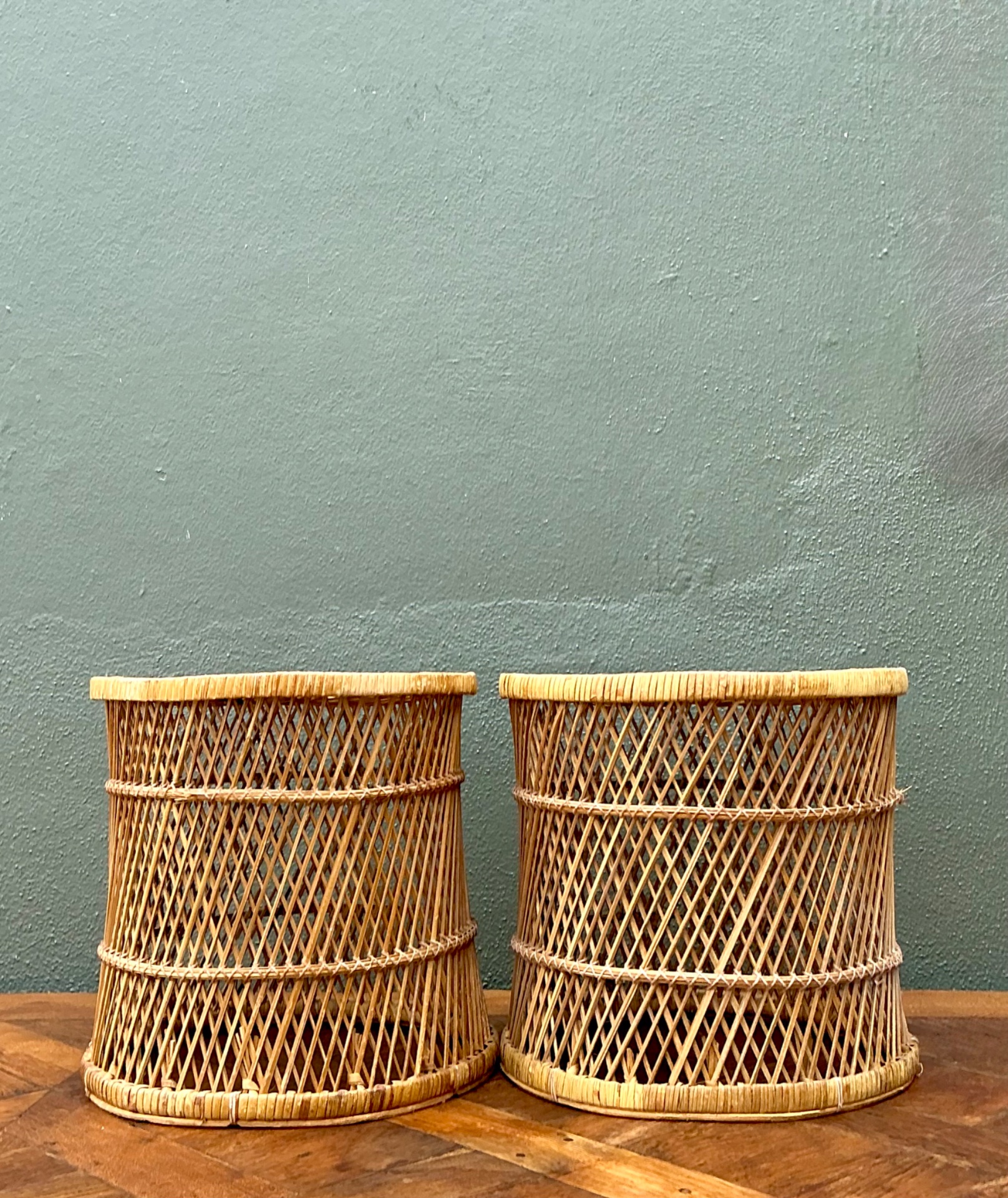 Vintage Woven Rattan Accent Tables - Set of 2 - Side view
