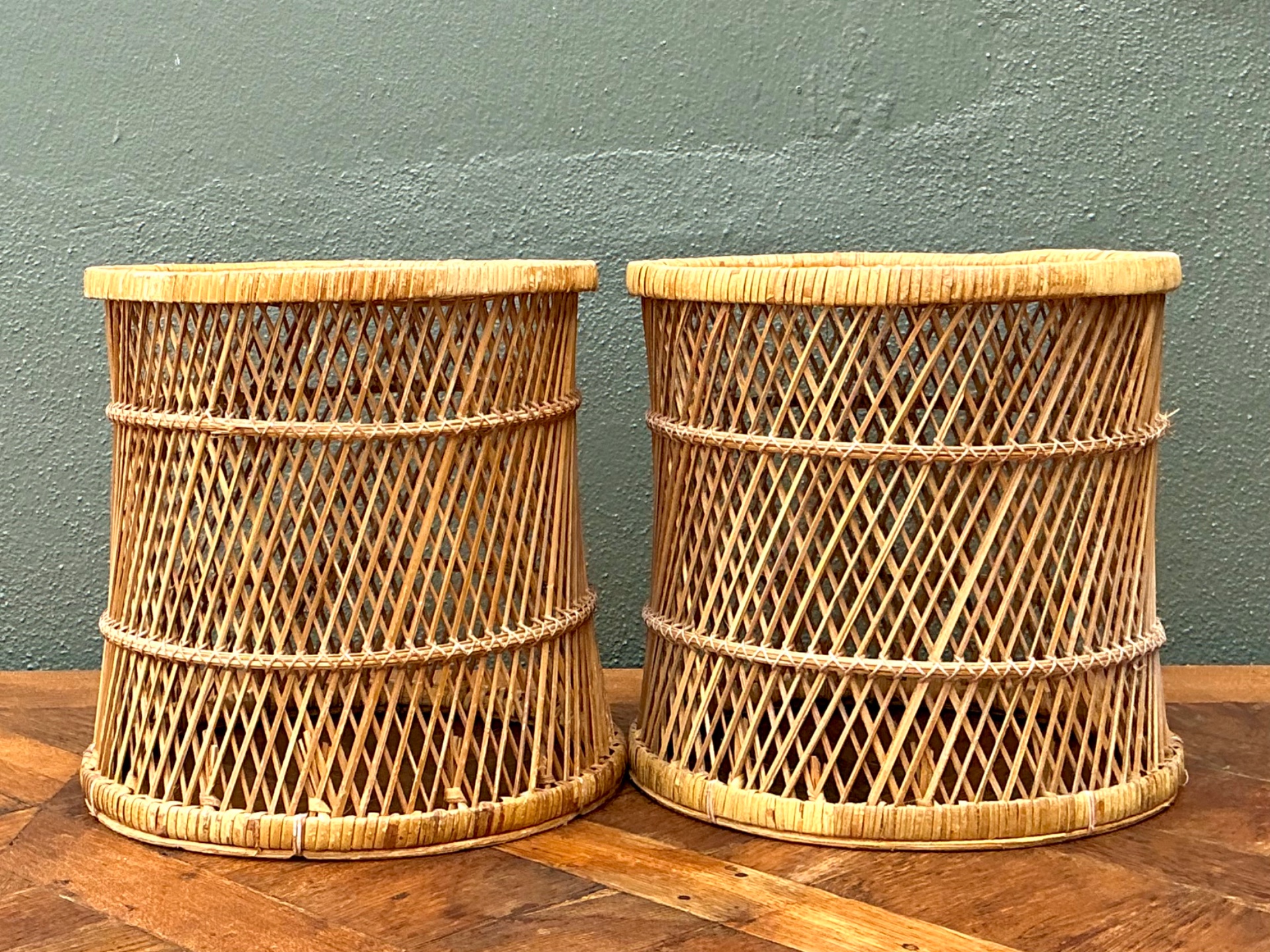 Vintage Woven Rattan Accent Tables - Set of 2 - Back view