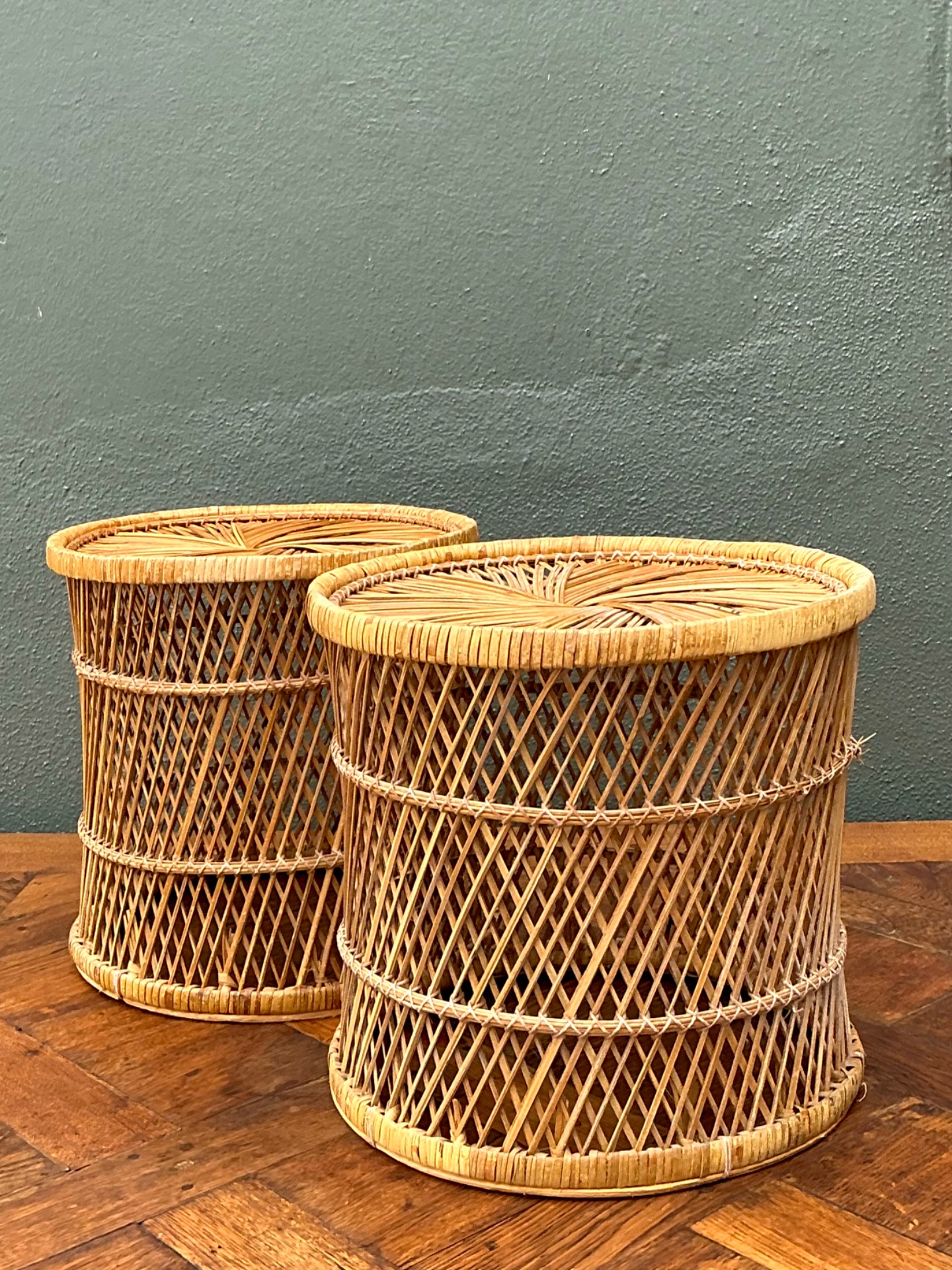 Vintage Woven Rattan Accent Tables - Set of 2 - Top view