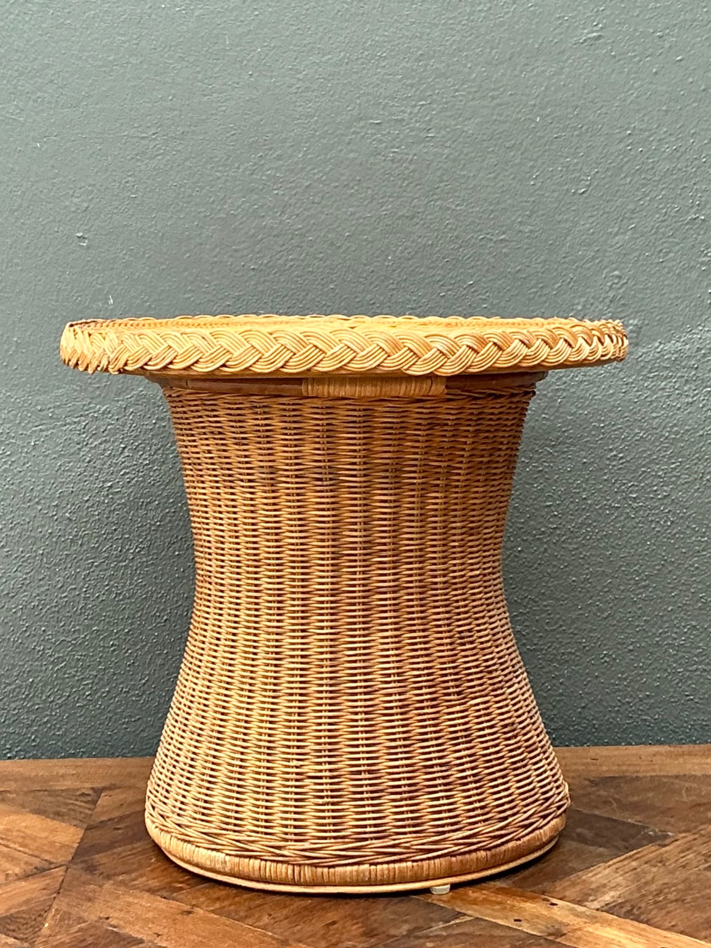 Vintage Braided Rattan Accent Table - Side view