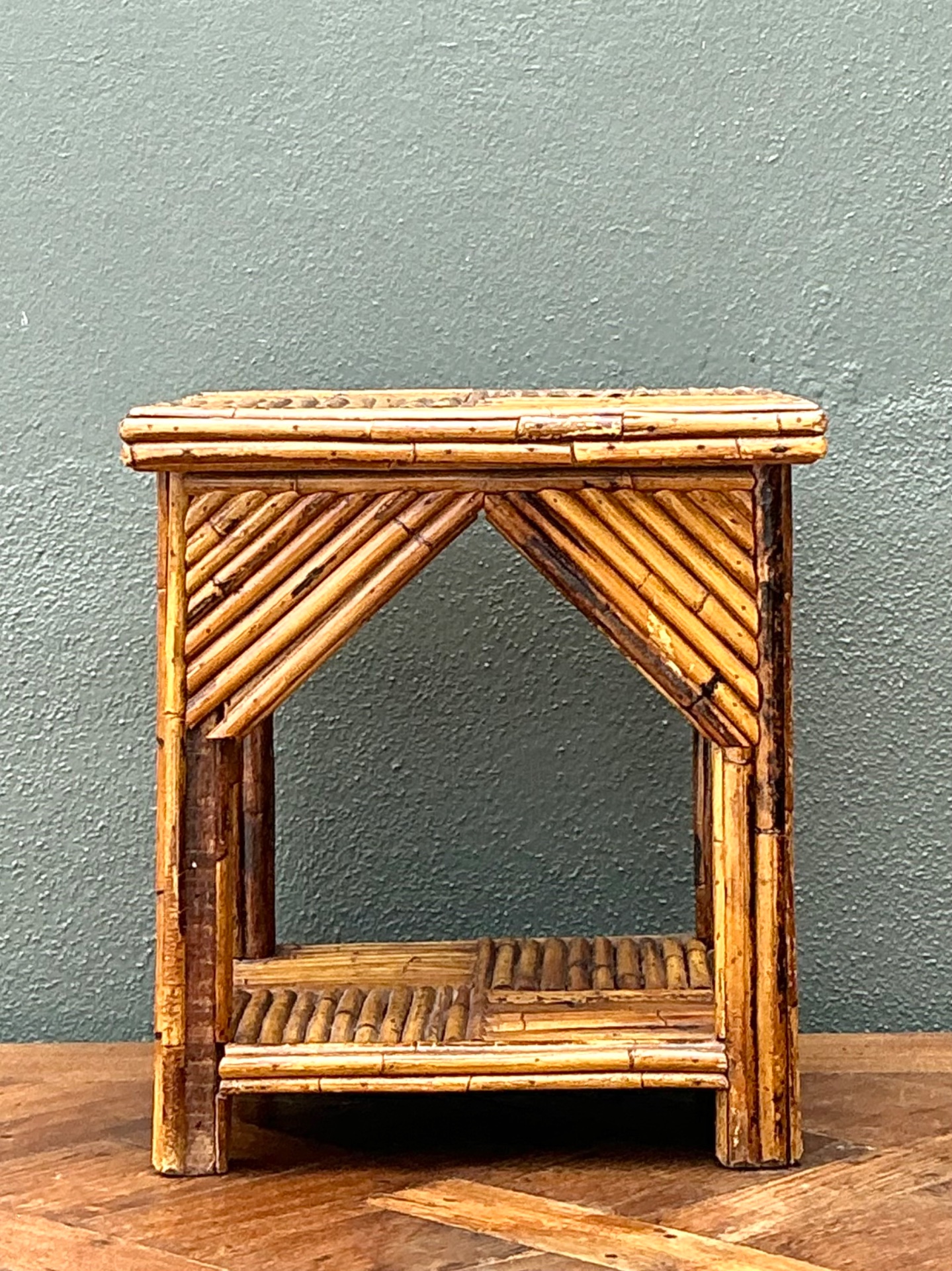 Rustic Reed and Wood Accent Table - Top view