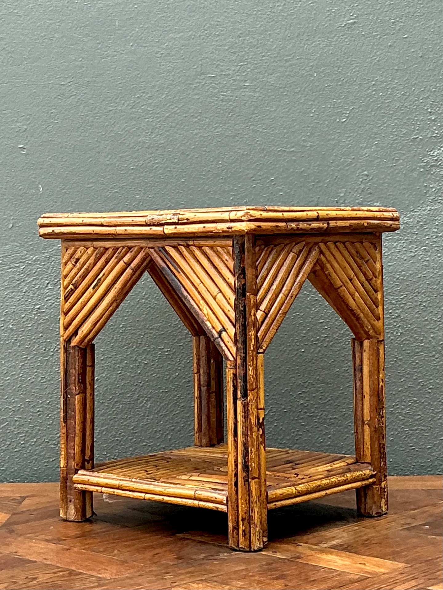 Rustic Reed and Wood Accent Table - Top view