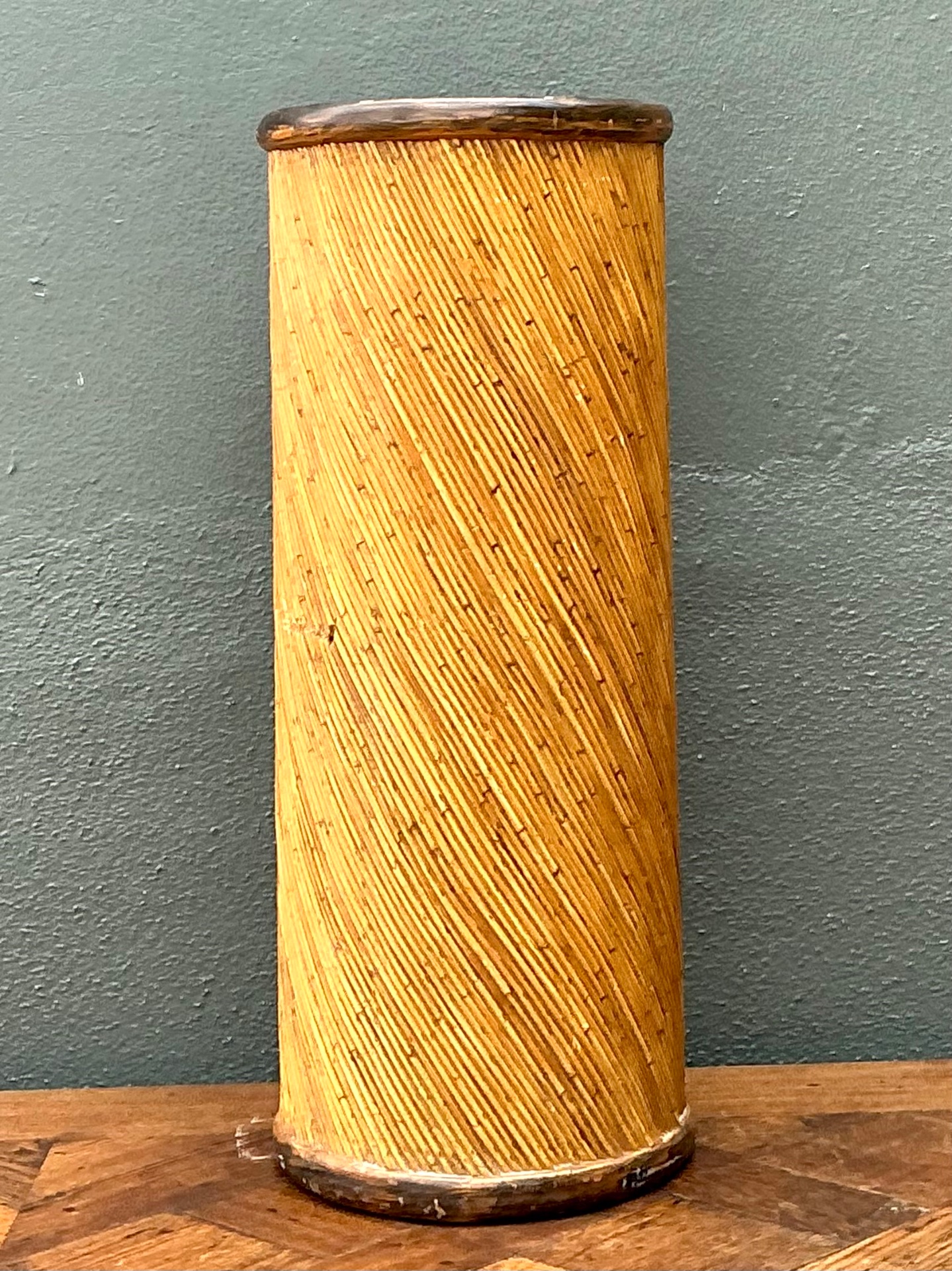 Vintage Reed and Wood Cylinder Pedestal - Side view
