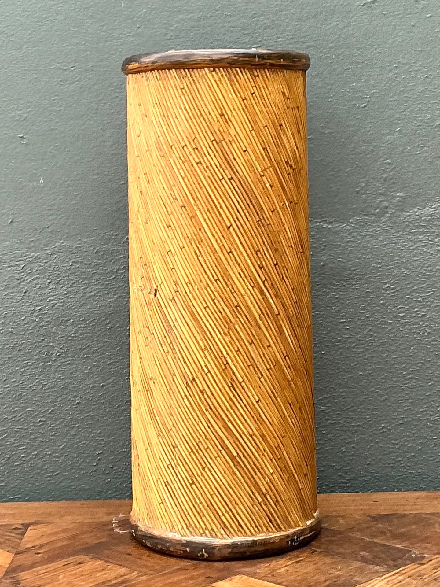 Vintage Reed and Wood Cylinder Pedestal - Side view