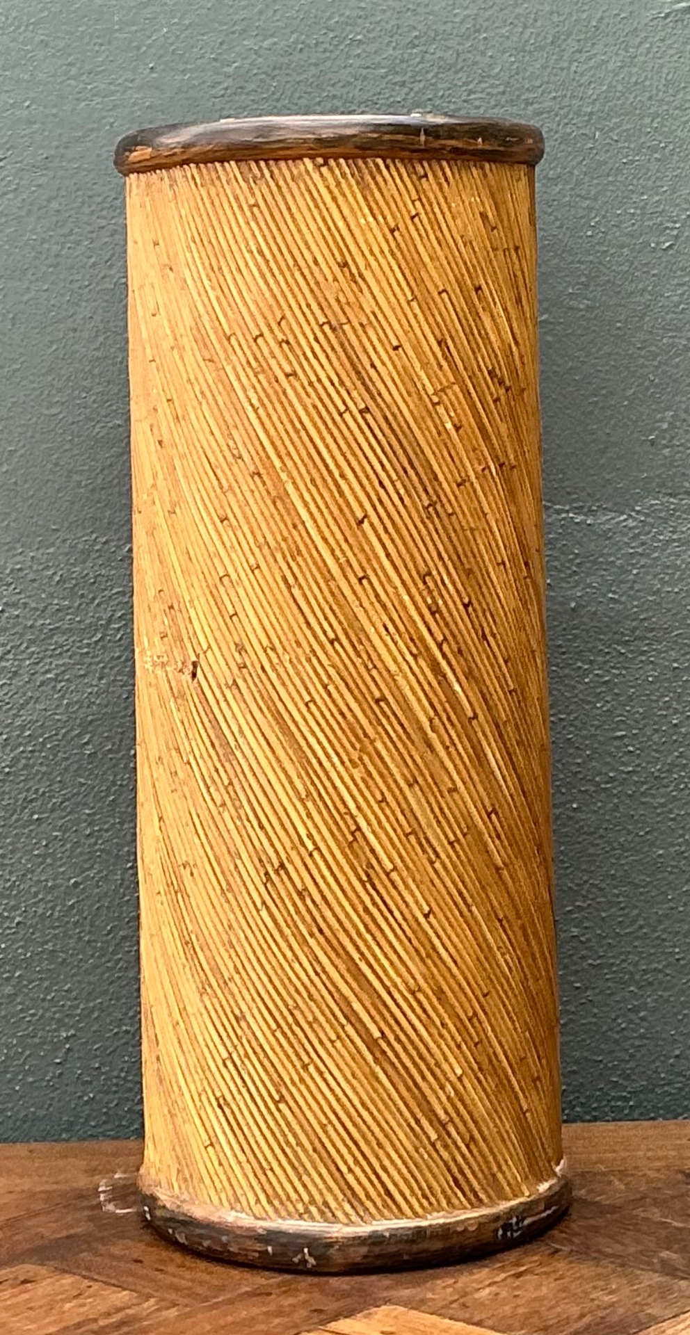 Vintage Reed and Wood Cylinder Pedestal - Top view