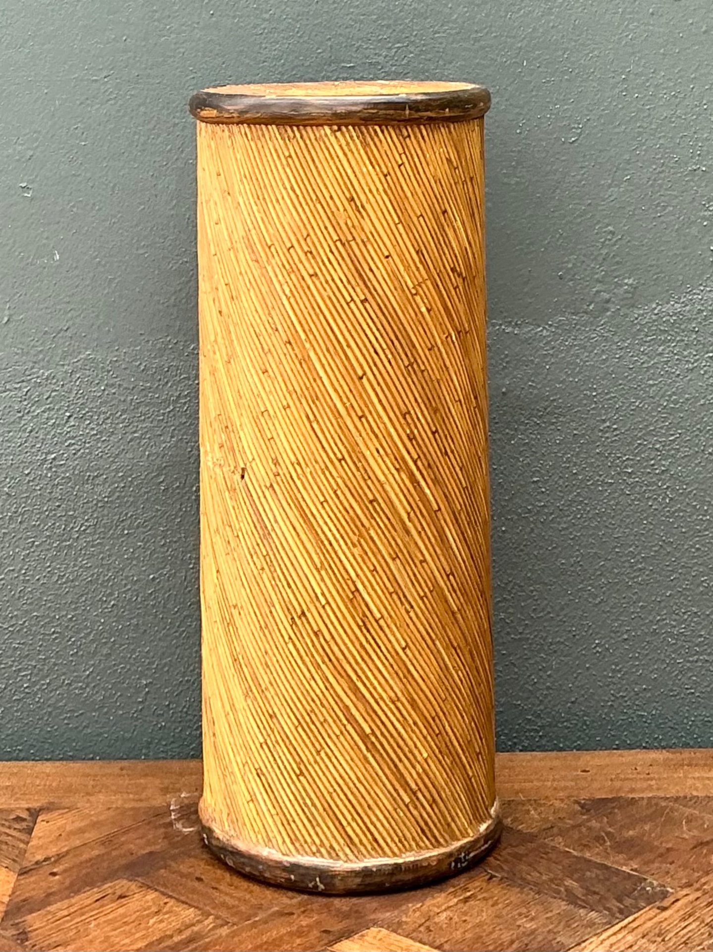 Vintage Reed and Wood Cylinder Pedestal - Back view