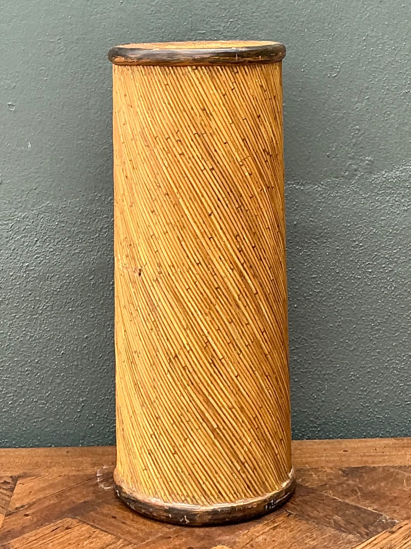 Vintage Reed and Wood Cylinder Pedestal - Top view