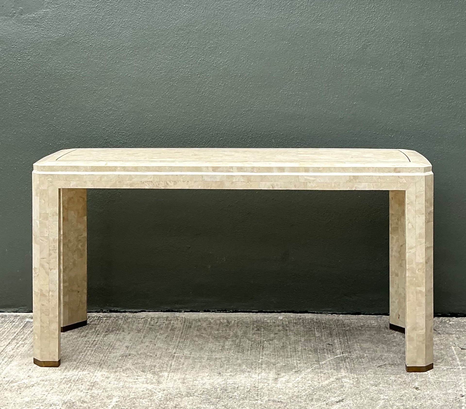 Vintage Tessellated Stone Console Table With Brass Inlay - Top view