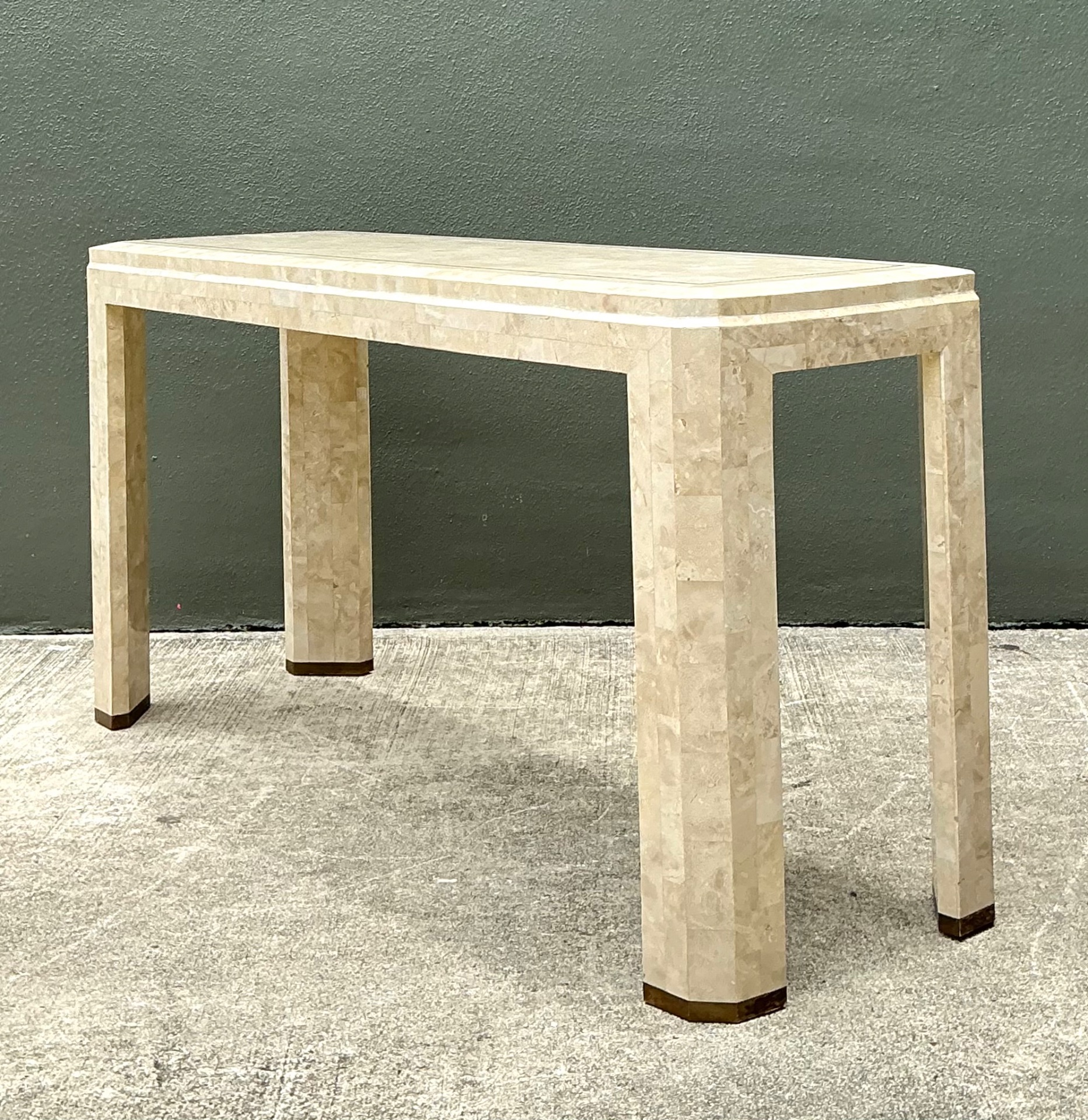 Vintage Tessellated Stone Console Table With Brass Inlay - Side view