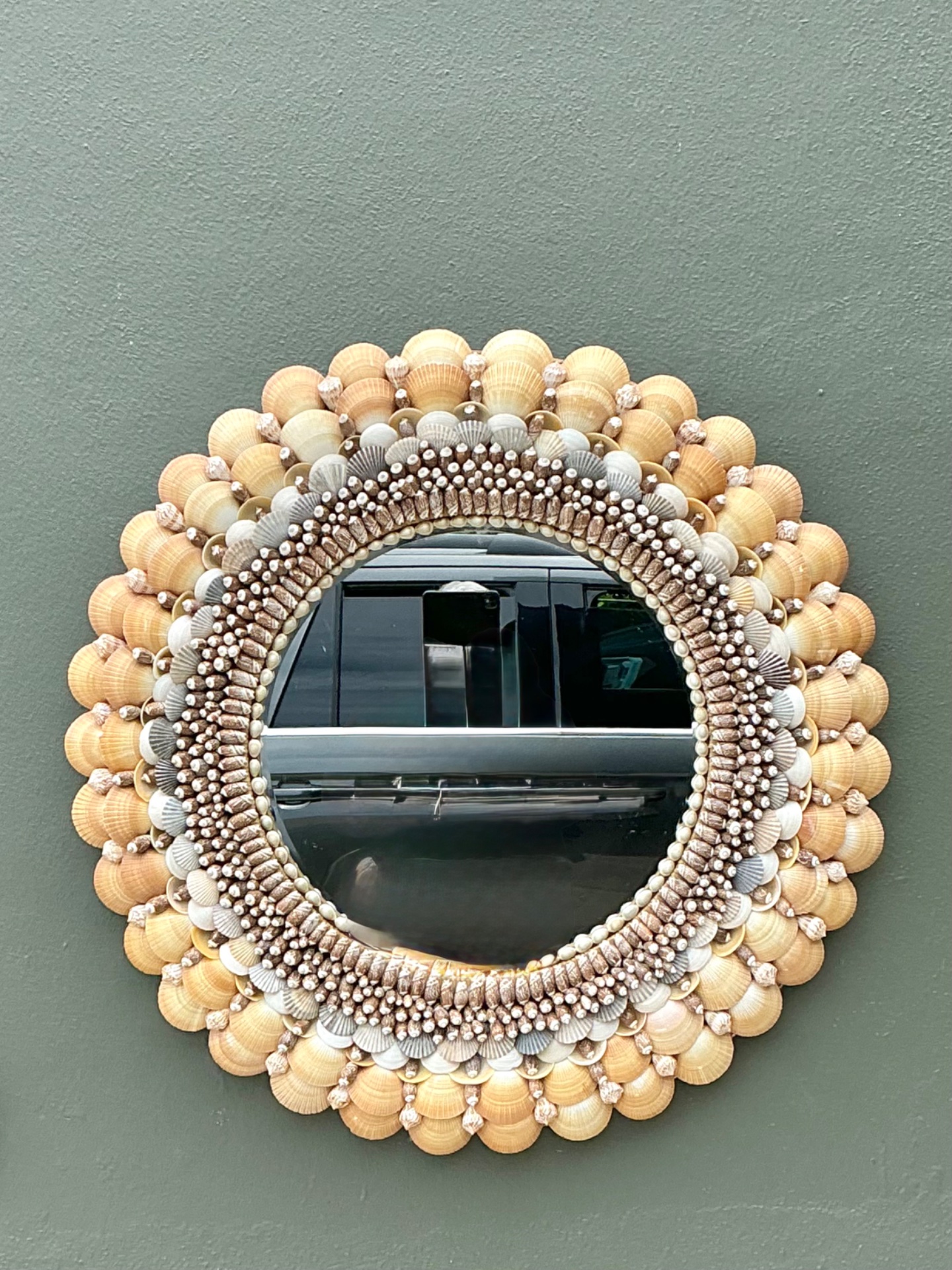 Vintage Shell Encrusted Round Wall Mirror - Side view