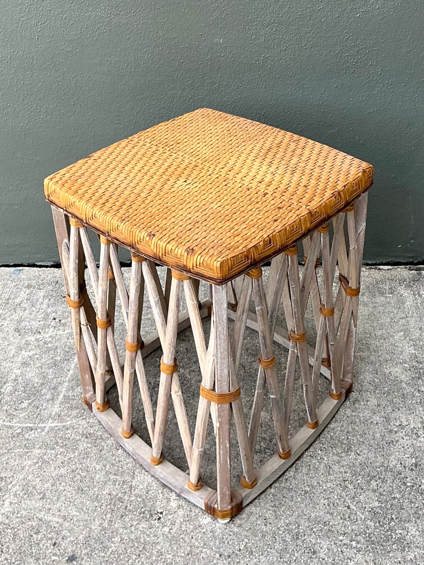 Vintage Rattan and Wood Equipale Stool - Detail view