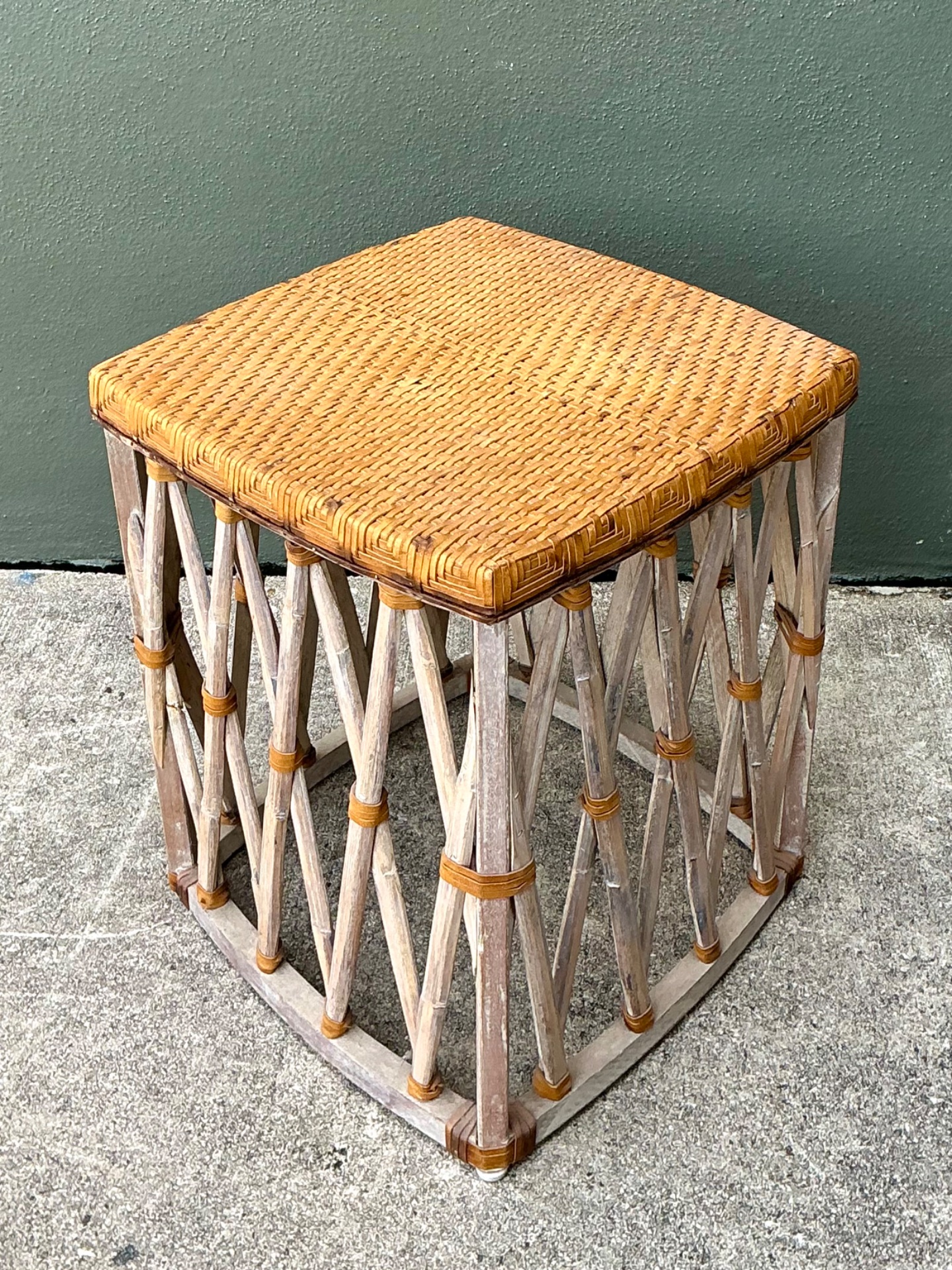 Vintage Rattan and Wood Equipale Stool - Detail view