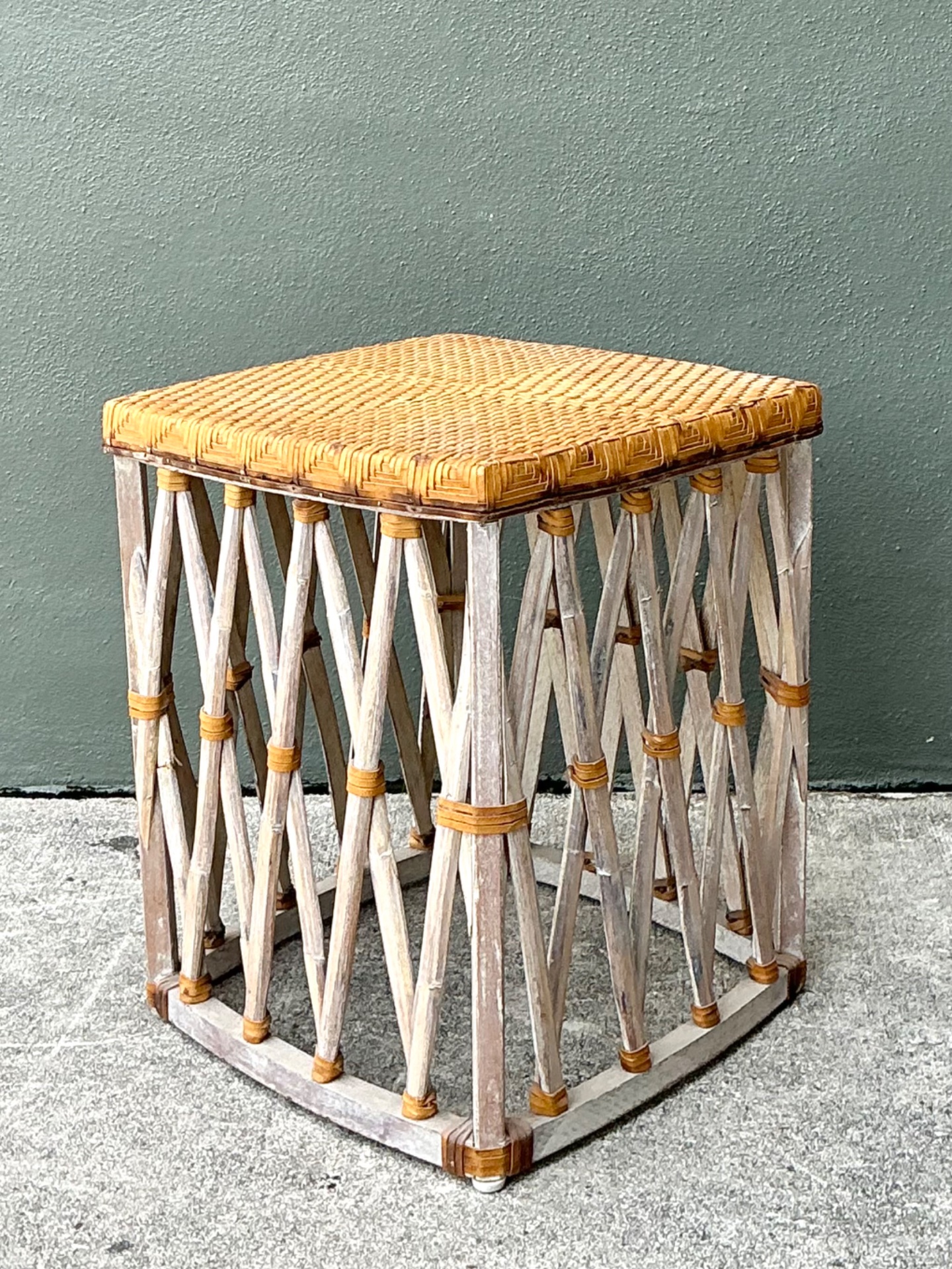 Vintage Rattan and Wood Equipale Stool - Back view