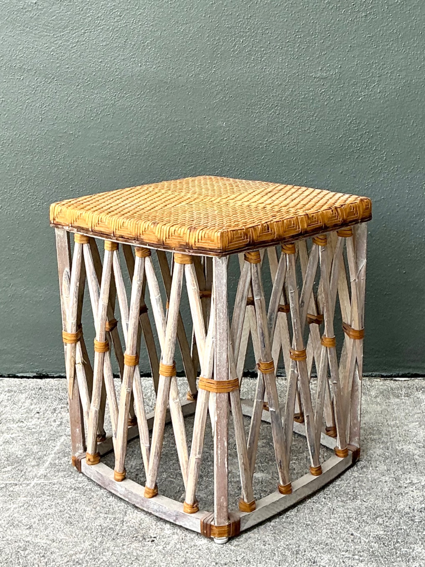 Vintage Rattan and Wood Equipale Stool - Top view