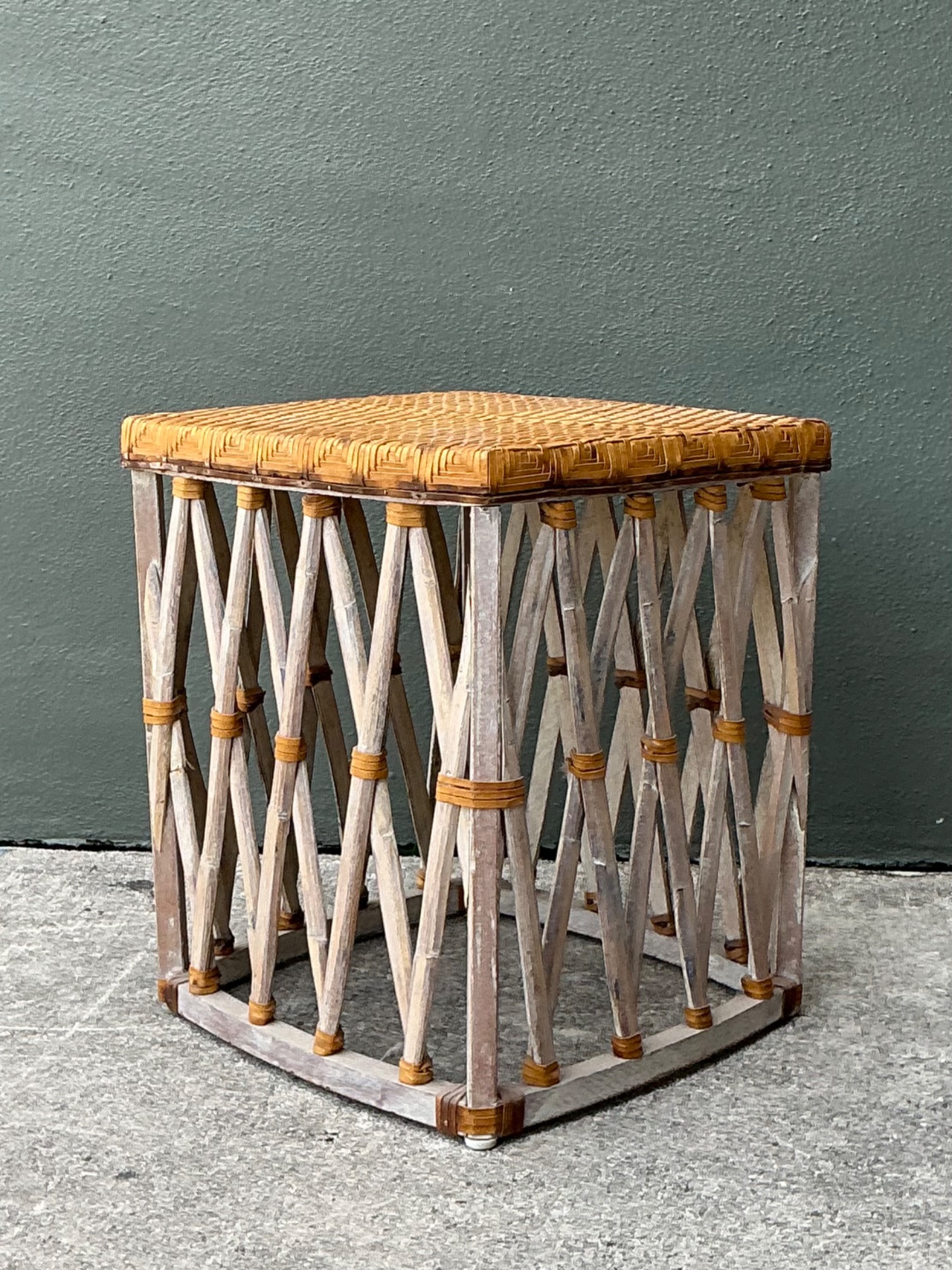 Vintage Rattan and Wood Equipale Stool - Side view