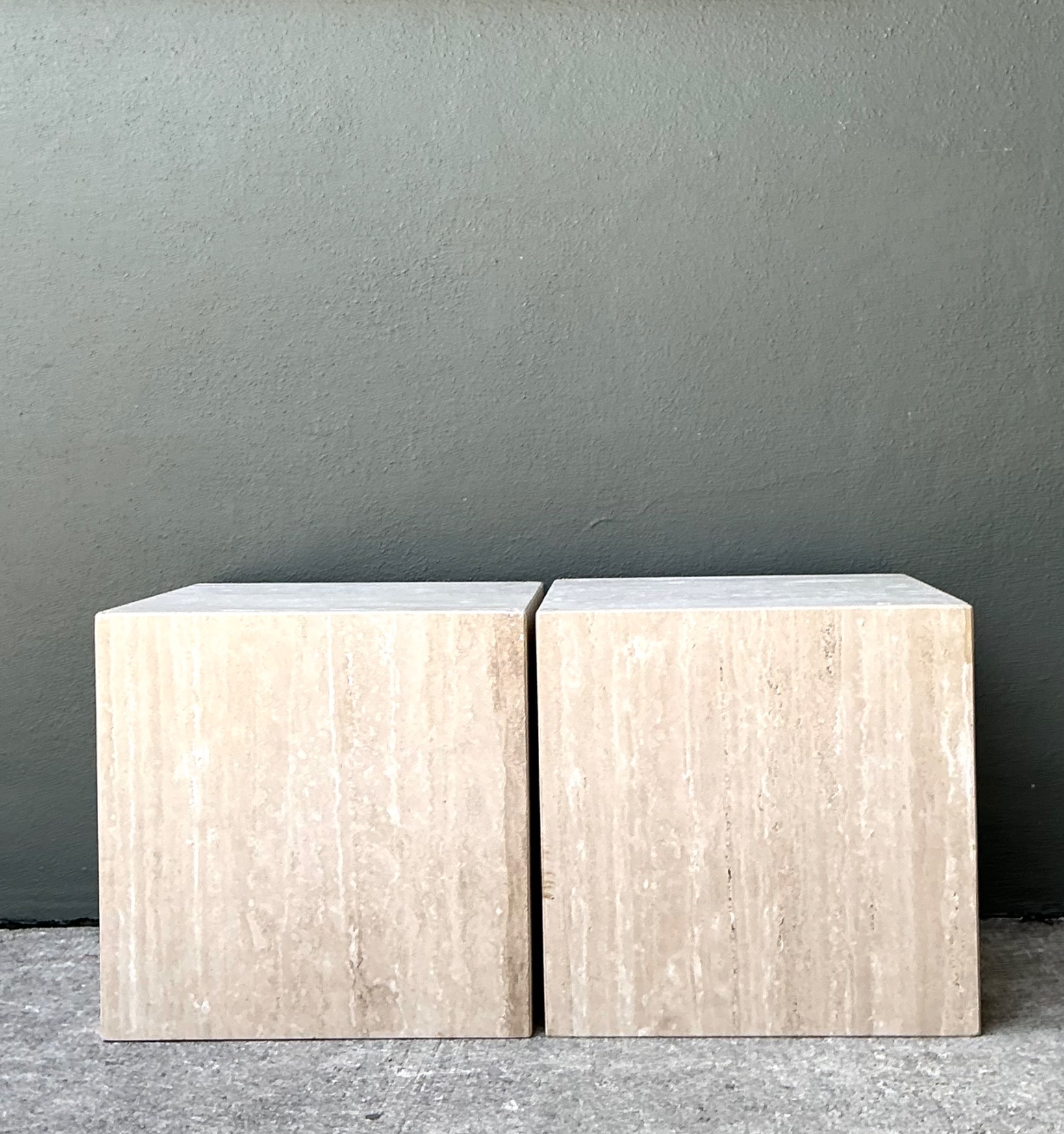 Vintage Travertine Cube Side Tables - A Pair - Travertine, 19.5W x 19.6H - Side view