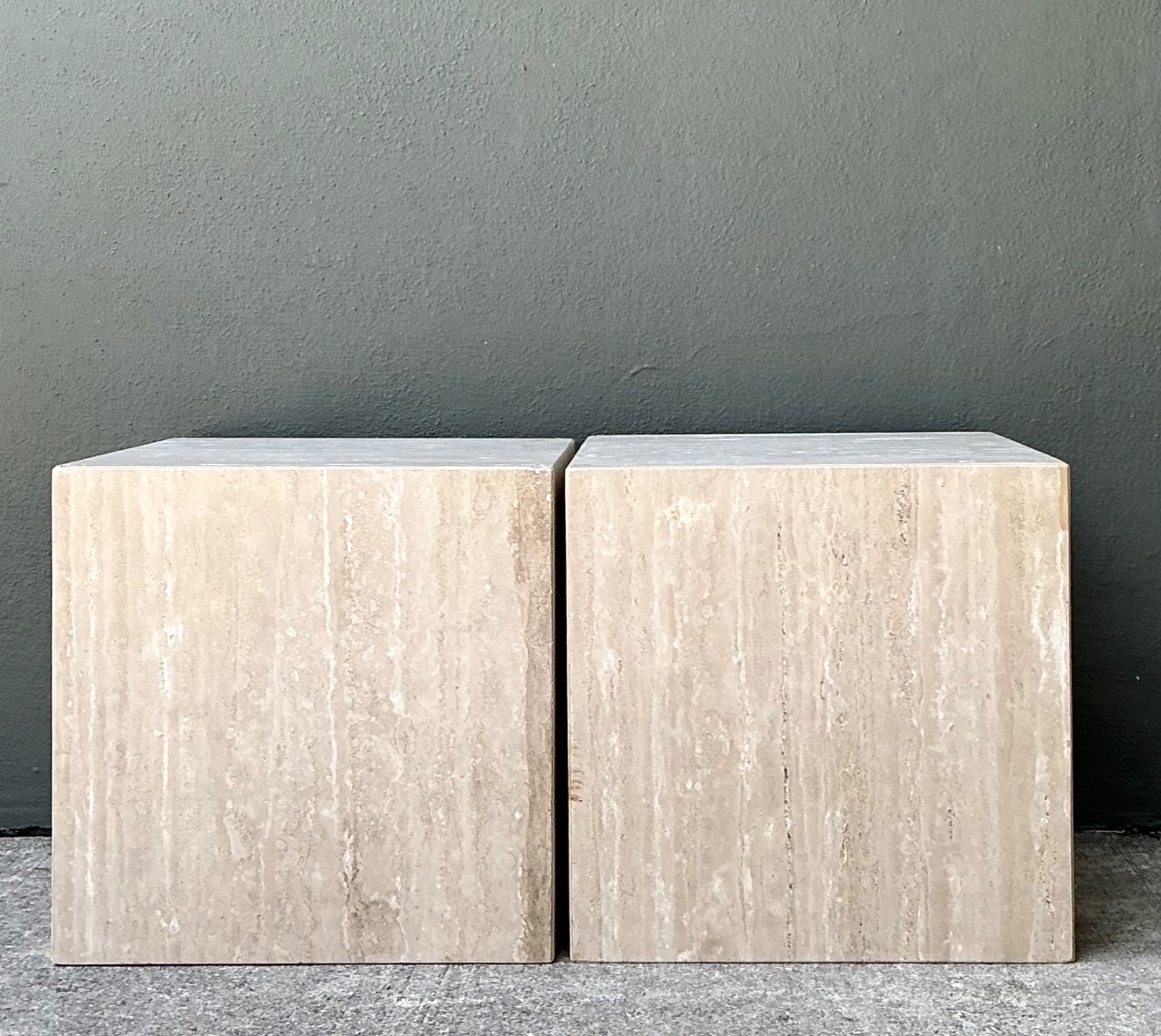 Vintage Travertine Cube Side Tables - A Pair - Travertine, 19.5W x 19.6H - Top view