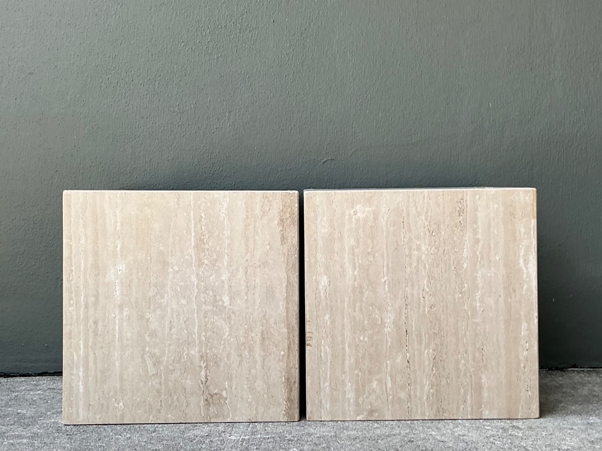 Vintage Travertine Cube Side Tables - A Pair - Travertine, 19.5W x 19.6H - Detail view