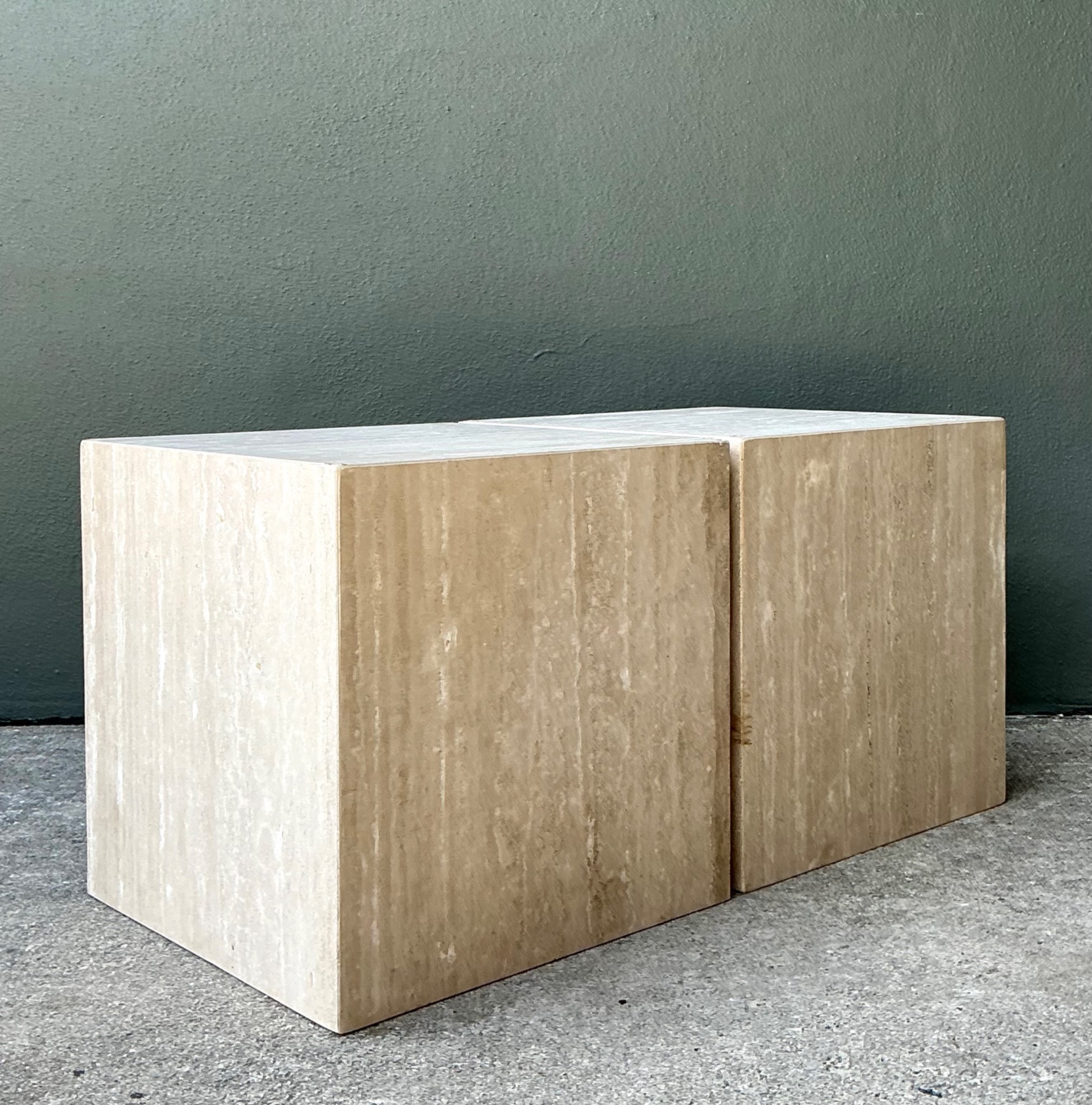 Vintage Travertine Cube Side Tables - A Pair - Travertine, 19.5W x 19.6H - Back view