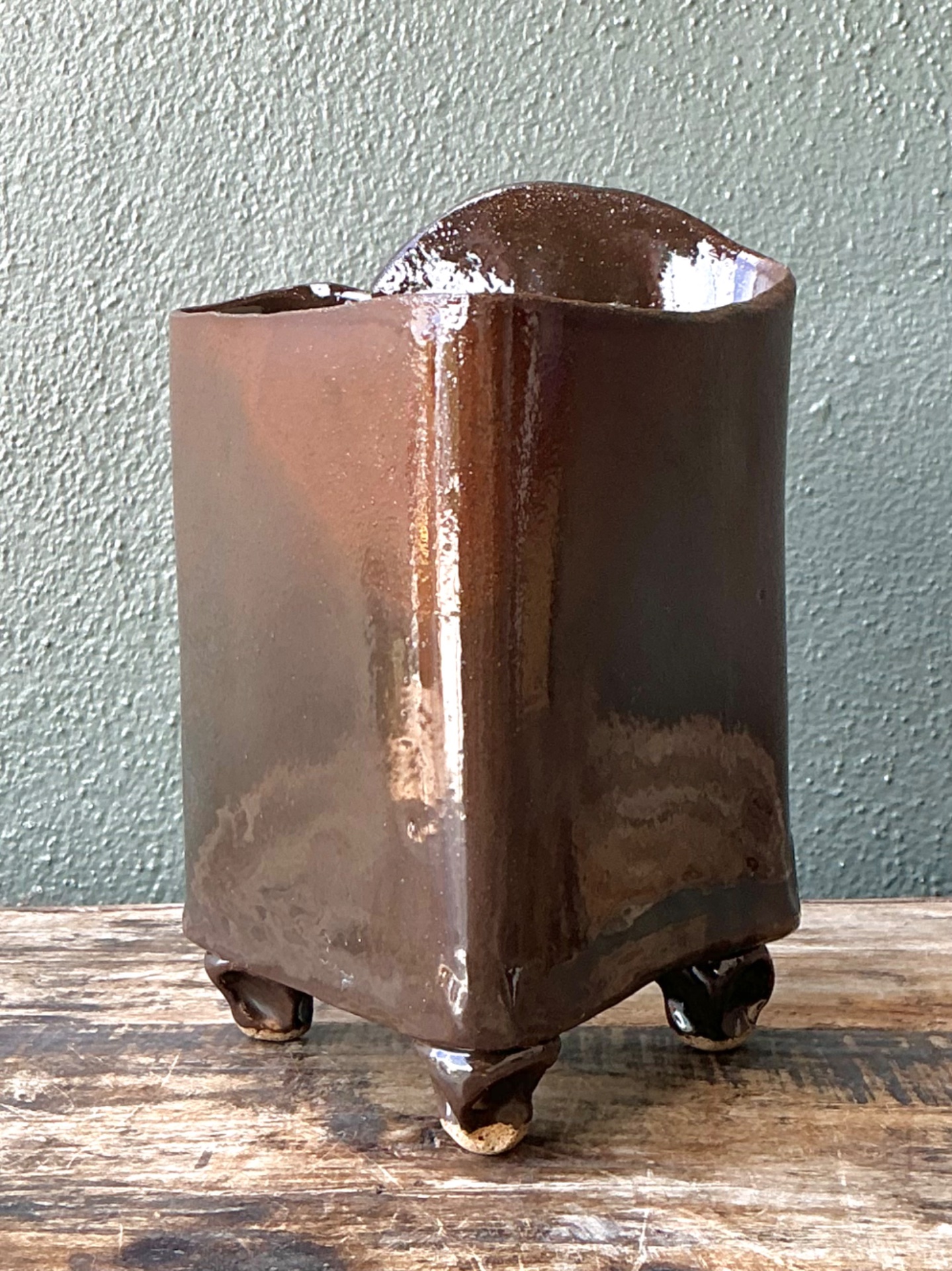 Vintage Handcrafted Brown Pottery Vase - Side view