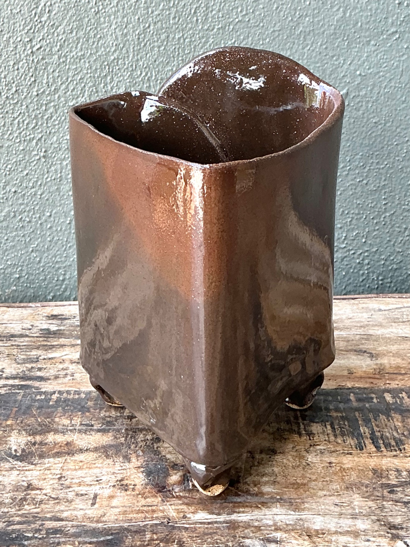 Vintage Handcrafted Brown Pottery Vase - Top view