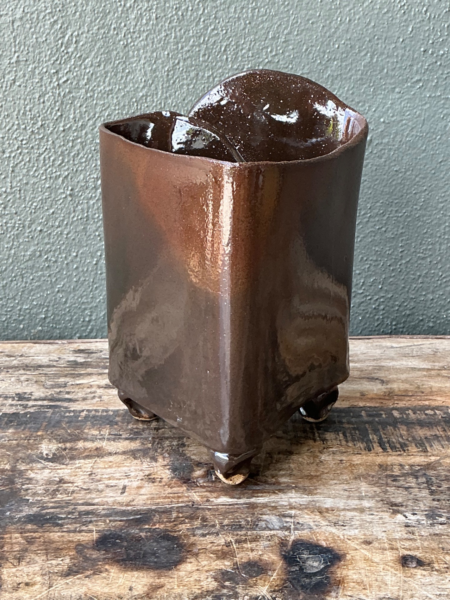 Vintage Handcrafted Brown Pottery Vase - Back view