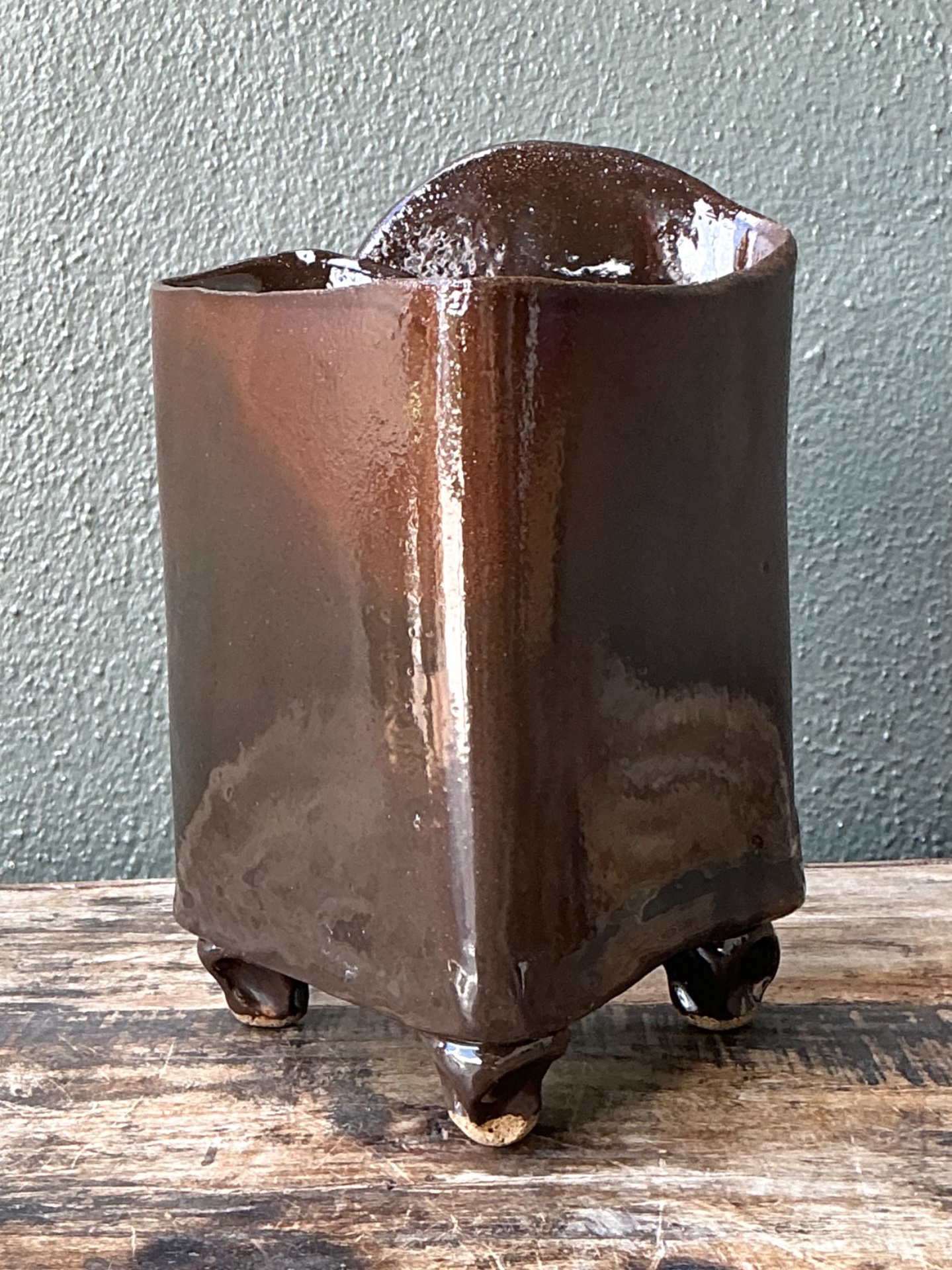 Vintage Handcrafted Brown Pottery Vase - Detail view