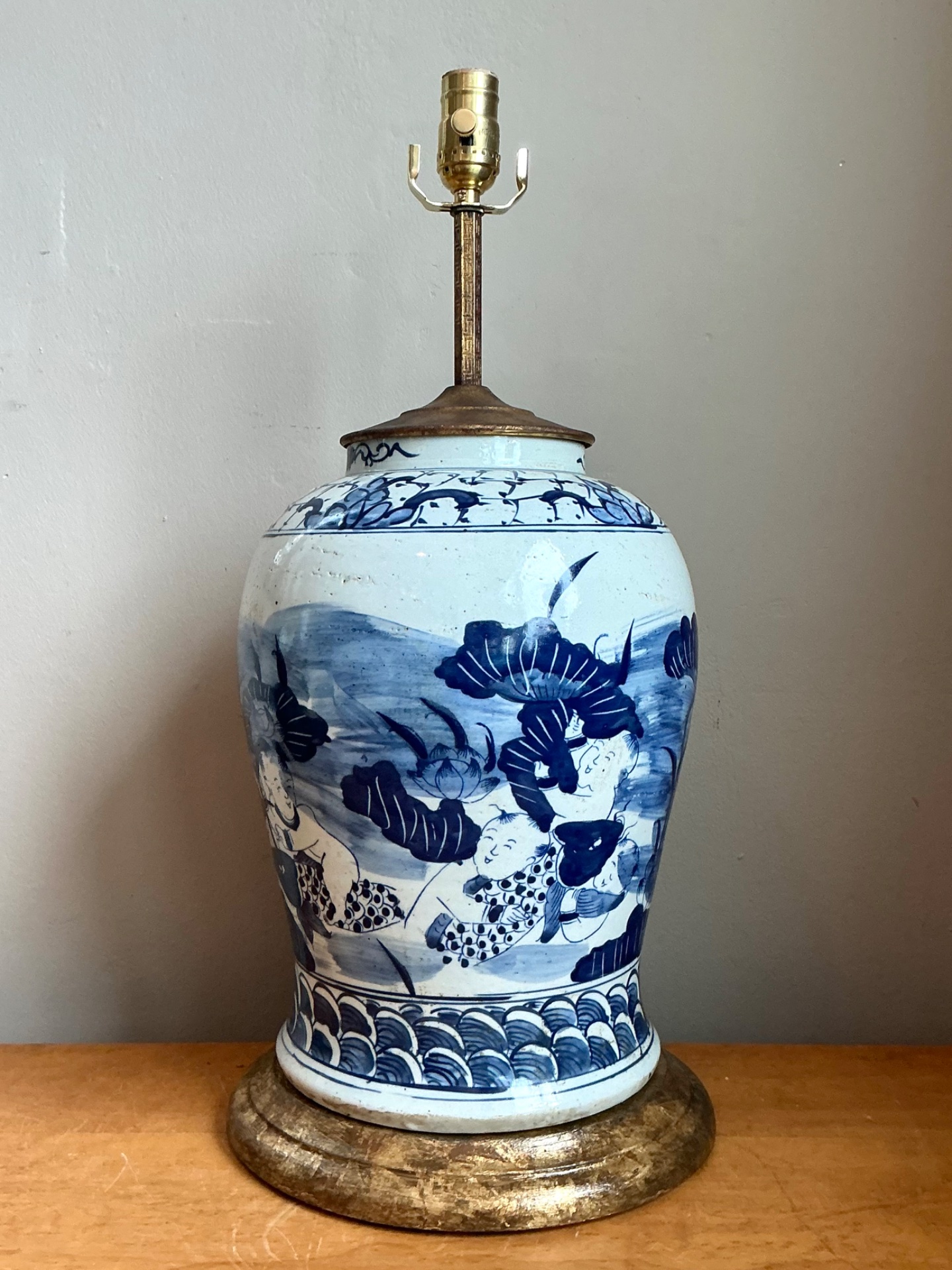 Antique Style Blue Ceramic Lamp with Wooden Base - Side view