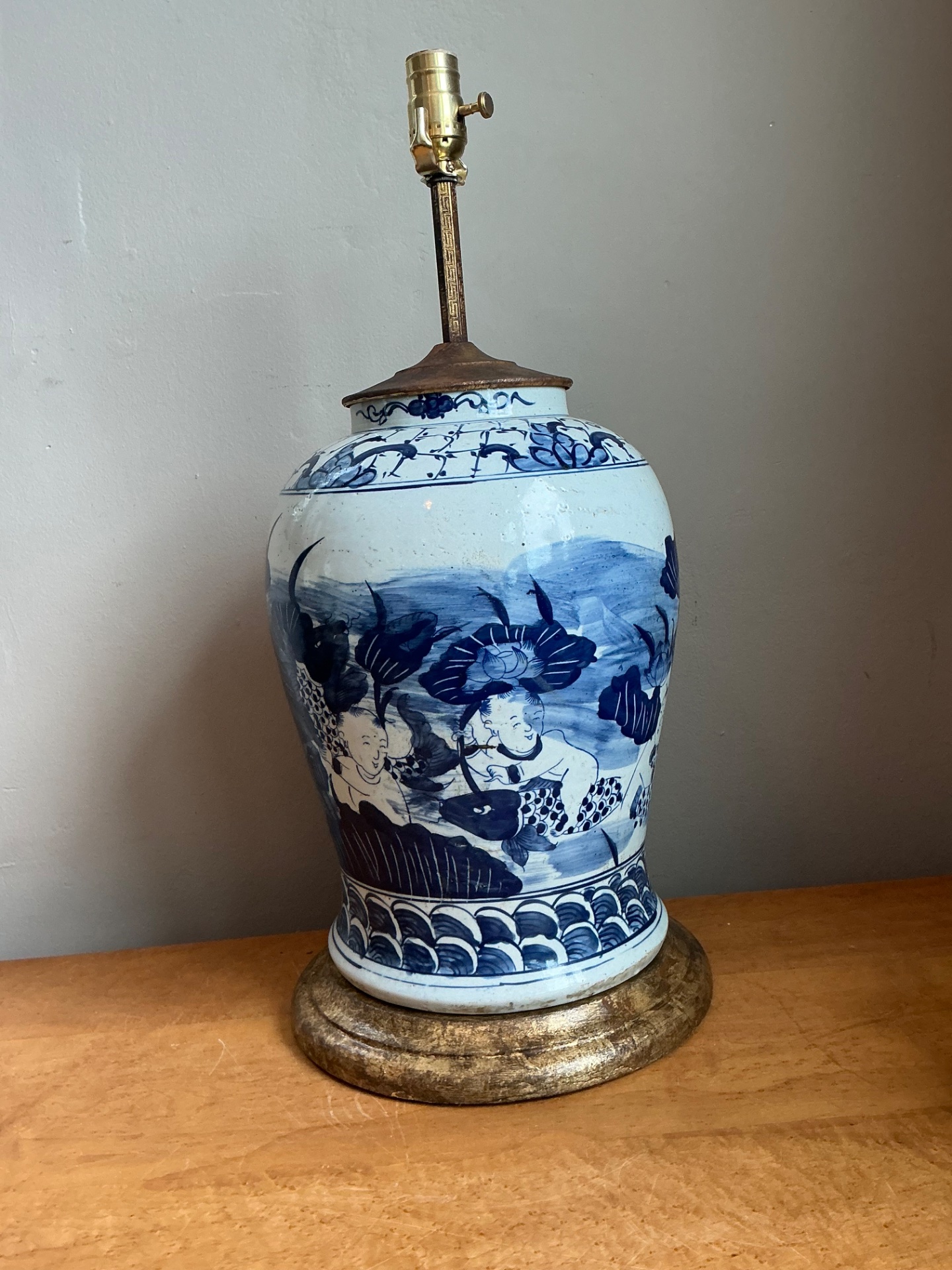 Antique Style Blue Ceramic Lamp with Wooden Base - Top view