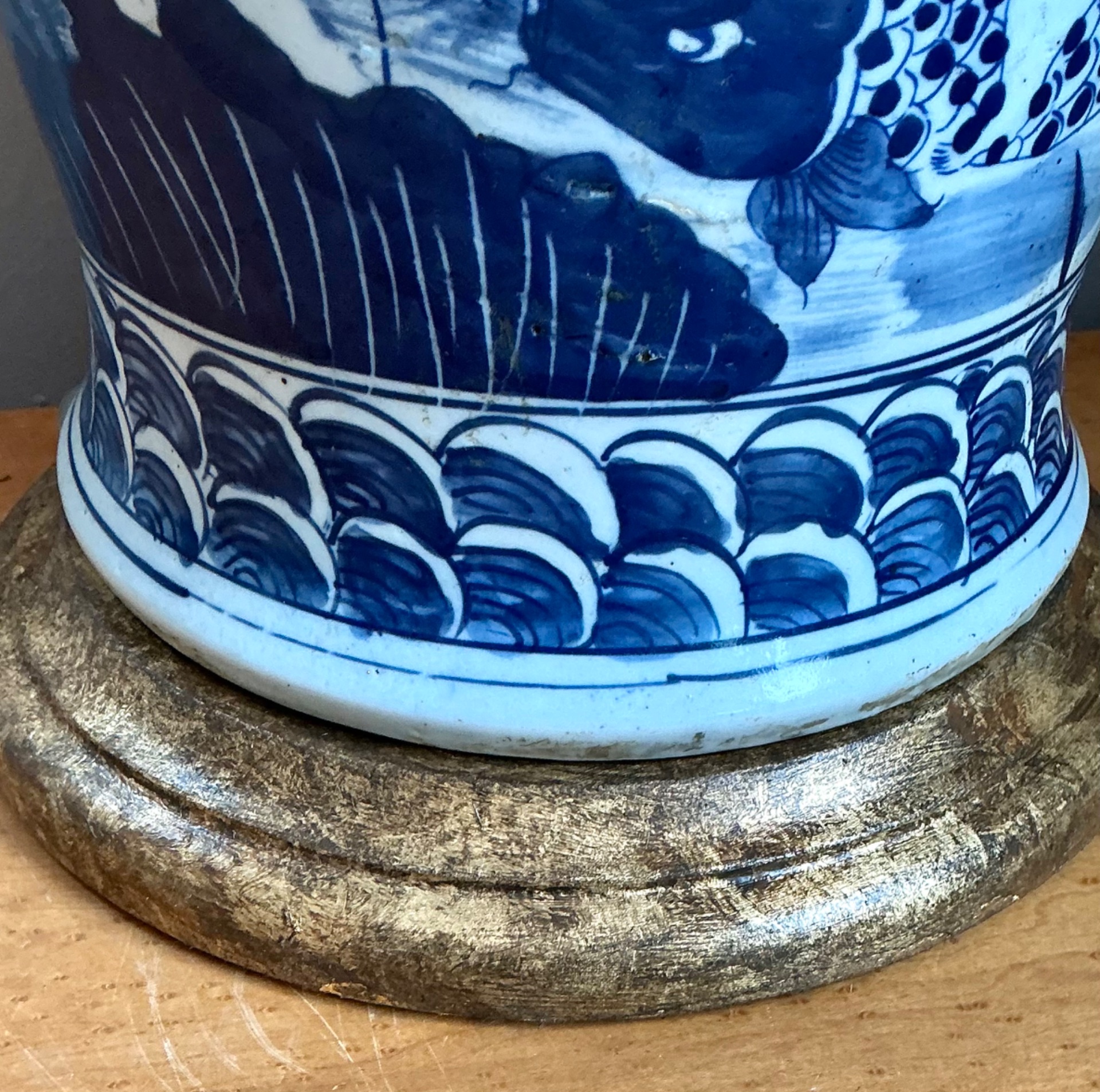 Antique Style Blue Ceramic Lamp with Wooden Base - Top view