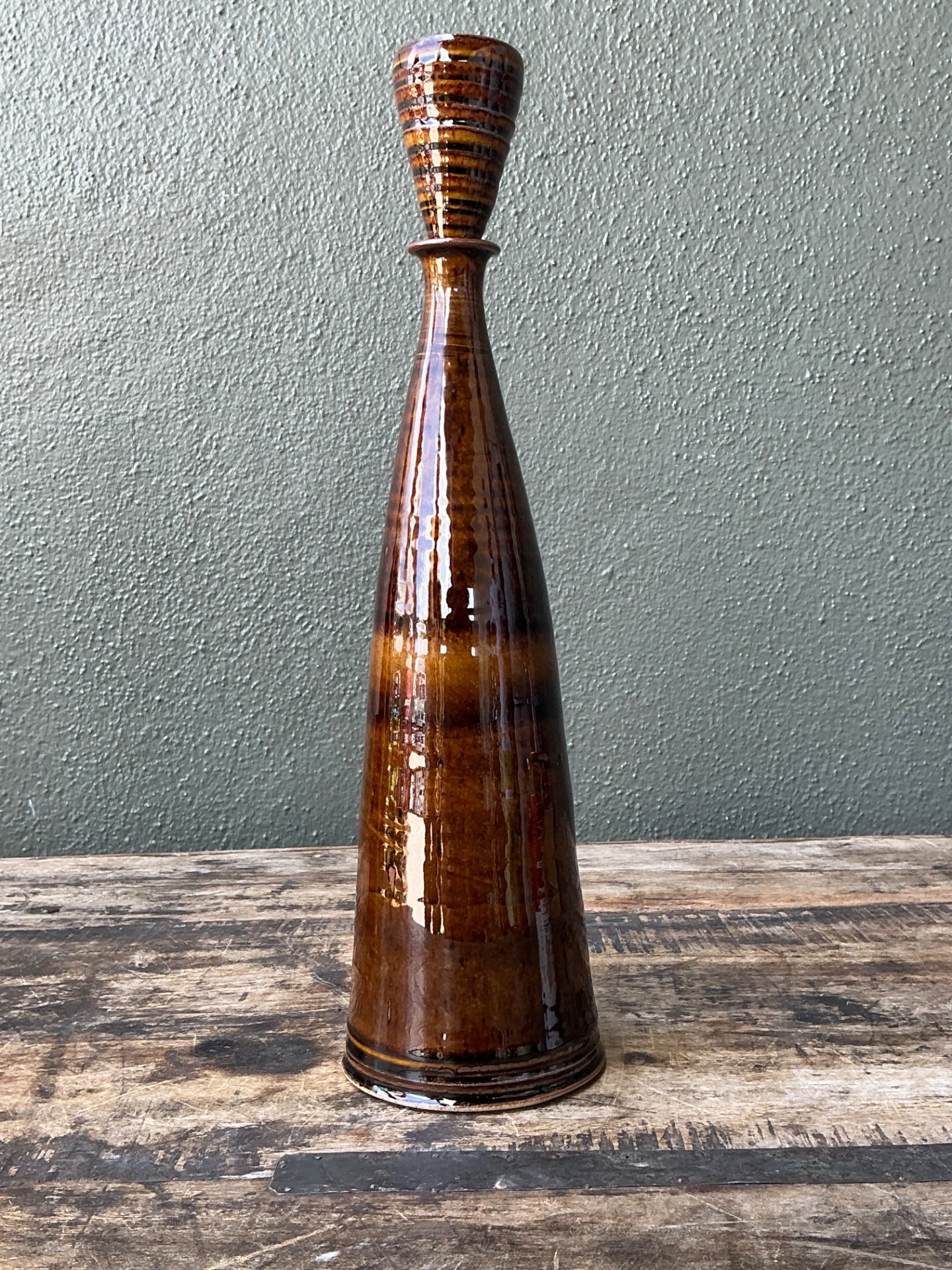 Vintage Handcrafted Brown Pottery Bottle - Detail view