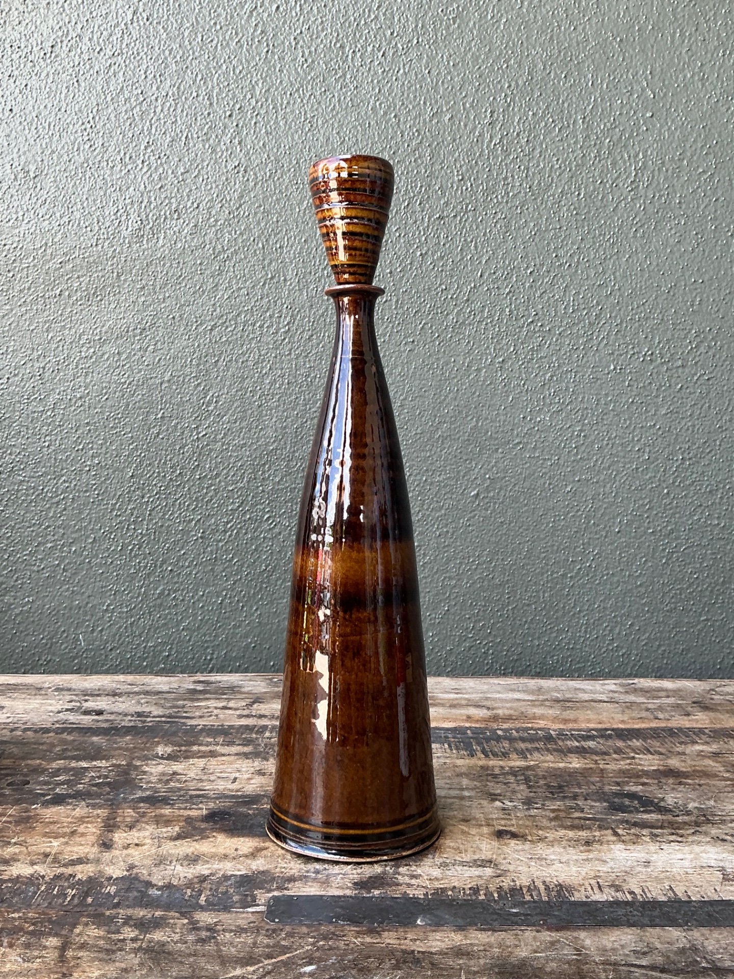 Vintage Handcrafted Brown Pottery Bottle - Top view