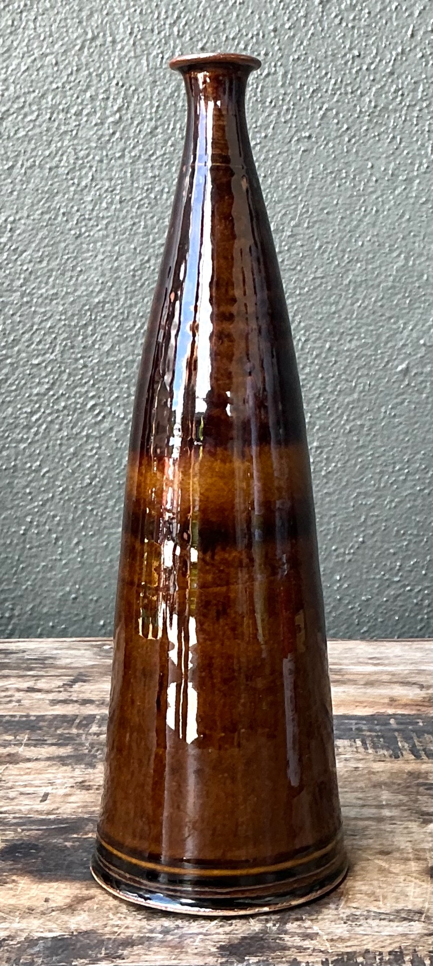 Vintage Handcrafted Brown Pottery Bottle - Side view